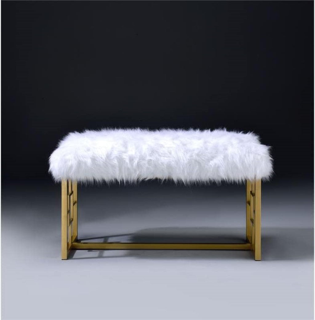 18" White and Gold Upholstered Faux Fur Bench-Benches-DECOROLALA