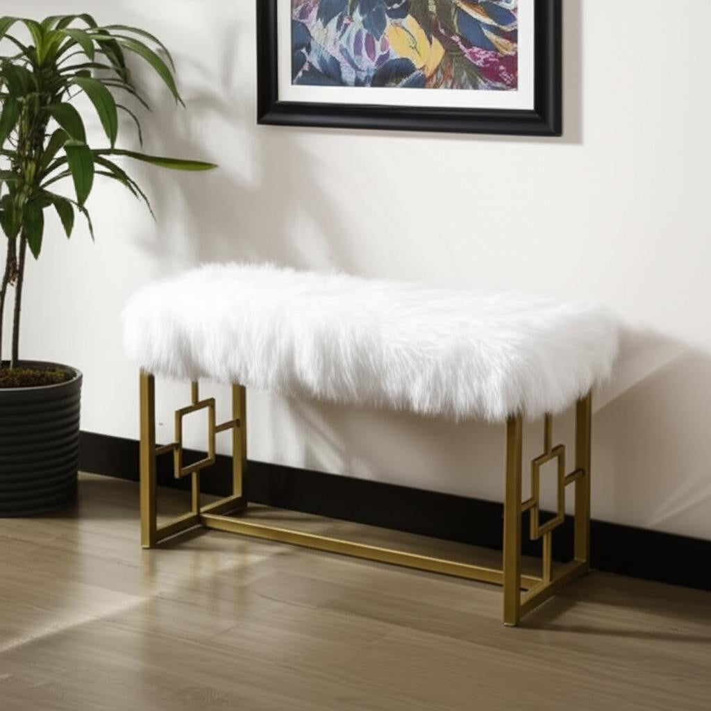 18" White and Gold Upholstered Faux Fur Bench-Benches-DECOROLALA