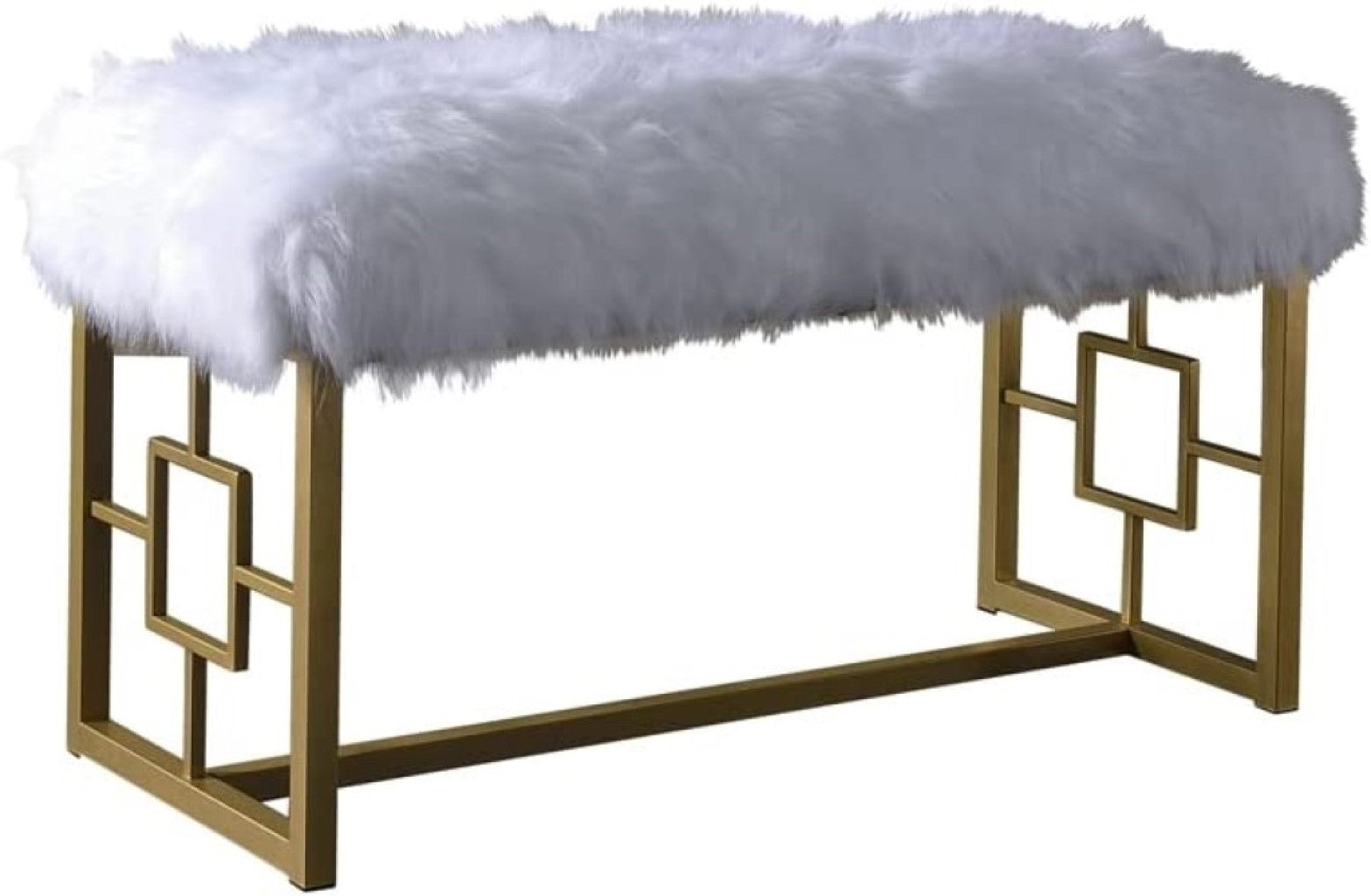 18" White and Gold Upholstered Faux Fur Bench-Benches-DECOROLALA