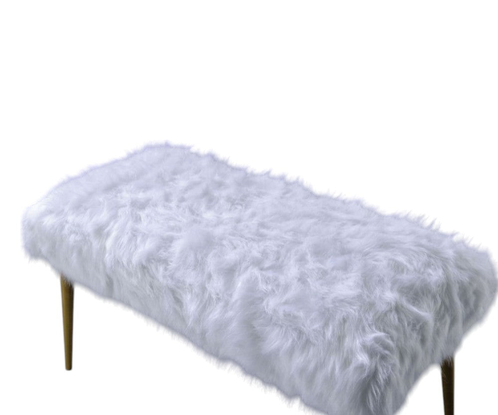 18" White and Gold Upholstered Faux Fur Bench-Benches-DECOROLALA