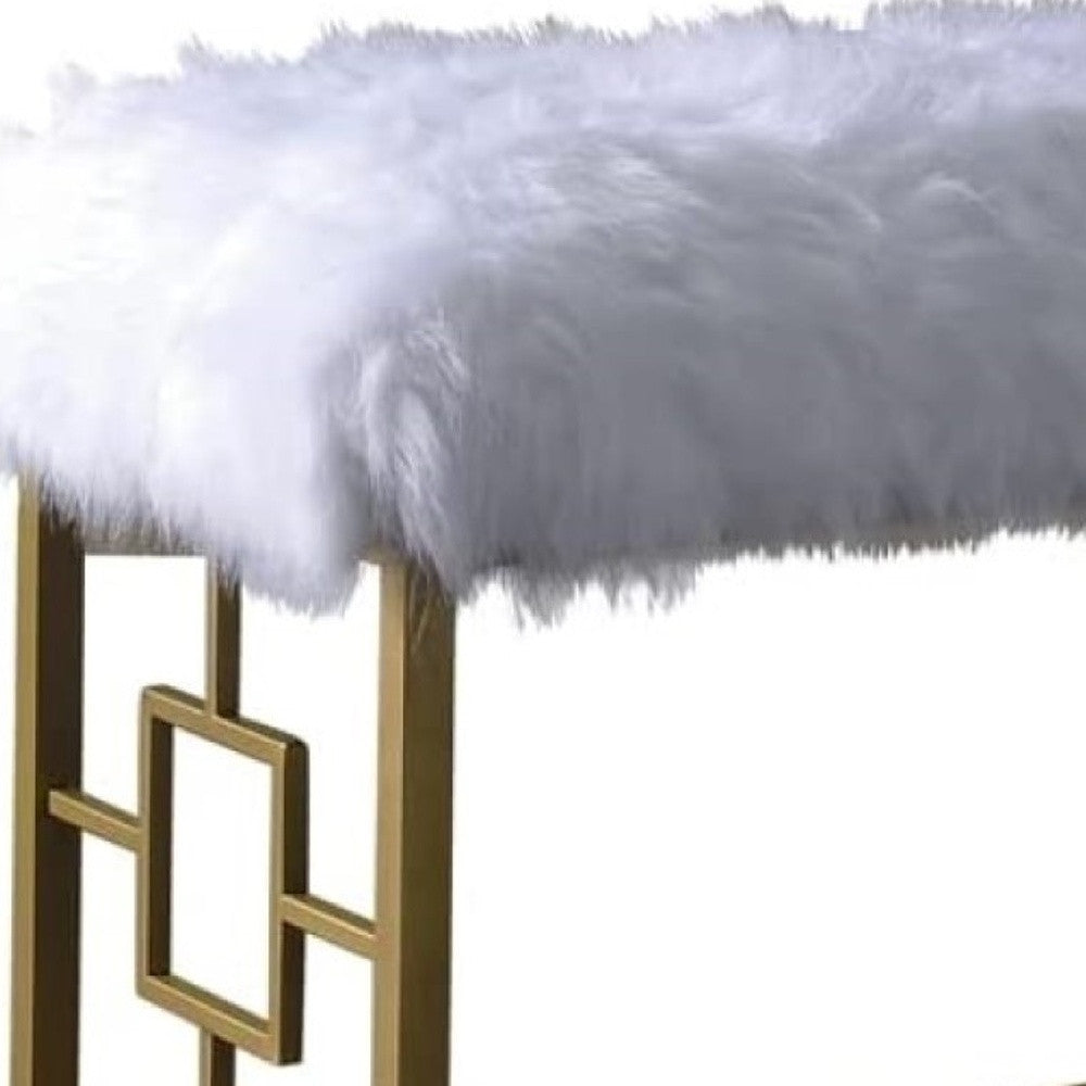 18" White and Gold Upholstered Faux Fur Bench-Benches-DECOROLALA