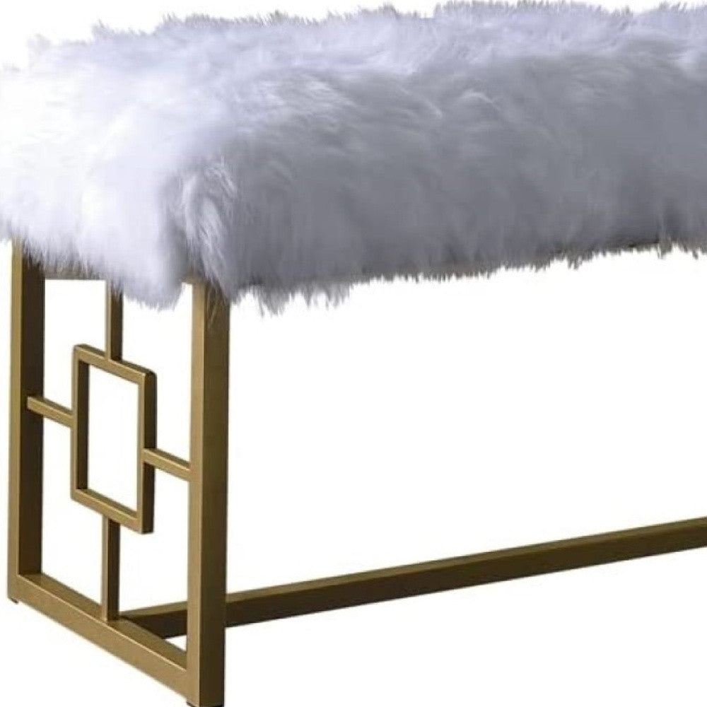 18" White and Gold Upholstered Faux Fur Bench-Benches-DECOROLALA