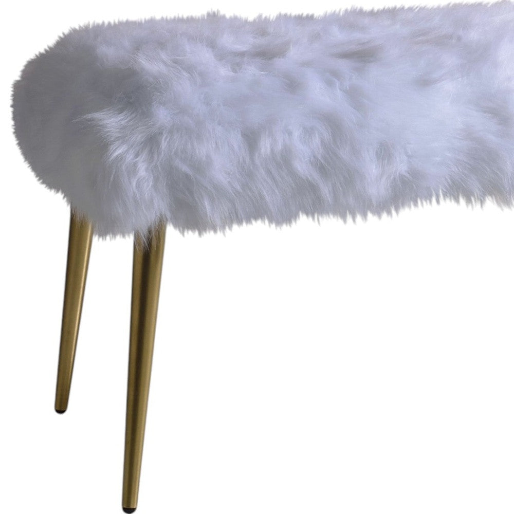 18" White and Gold Upholstered Faux Fur Bench-Benches-DECOROLALA