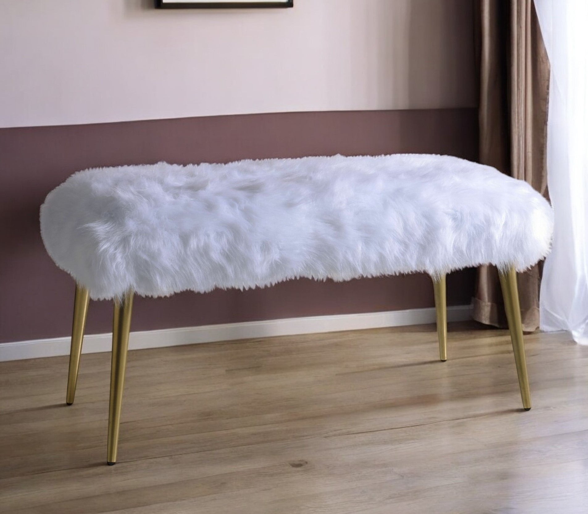 18" White and Gold Upholstered Faux Fur Bench-Benches-DECOROLALA