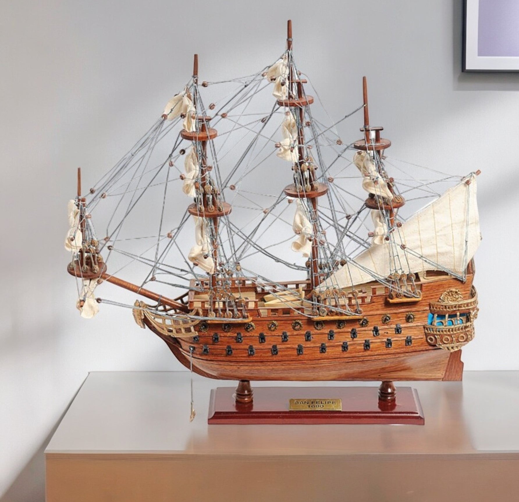 18" Wood Brown Solid Wood Hand Painted San Felipe 1690 Small Model Boat-Sculptures-DECOROLALA