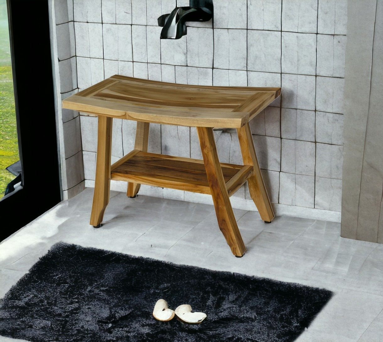 18" X 24" Natural Teak Rectangular Shower Bench With Shelf-Shower Benches-DECOROLALA