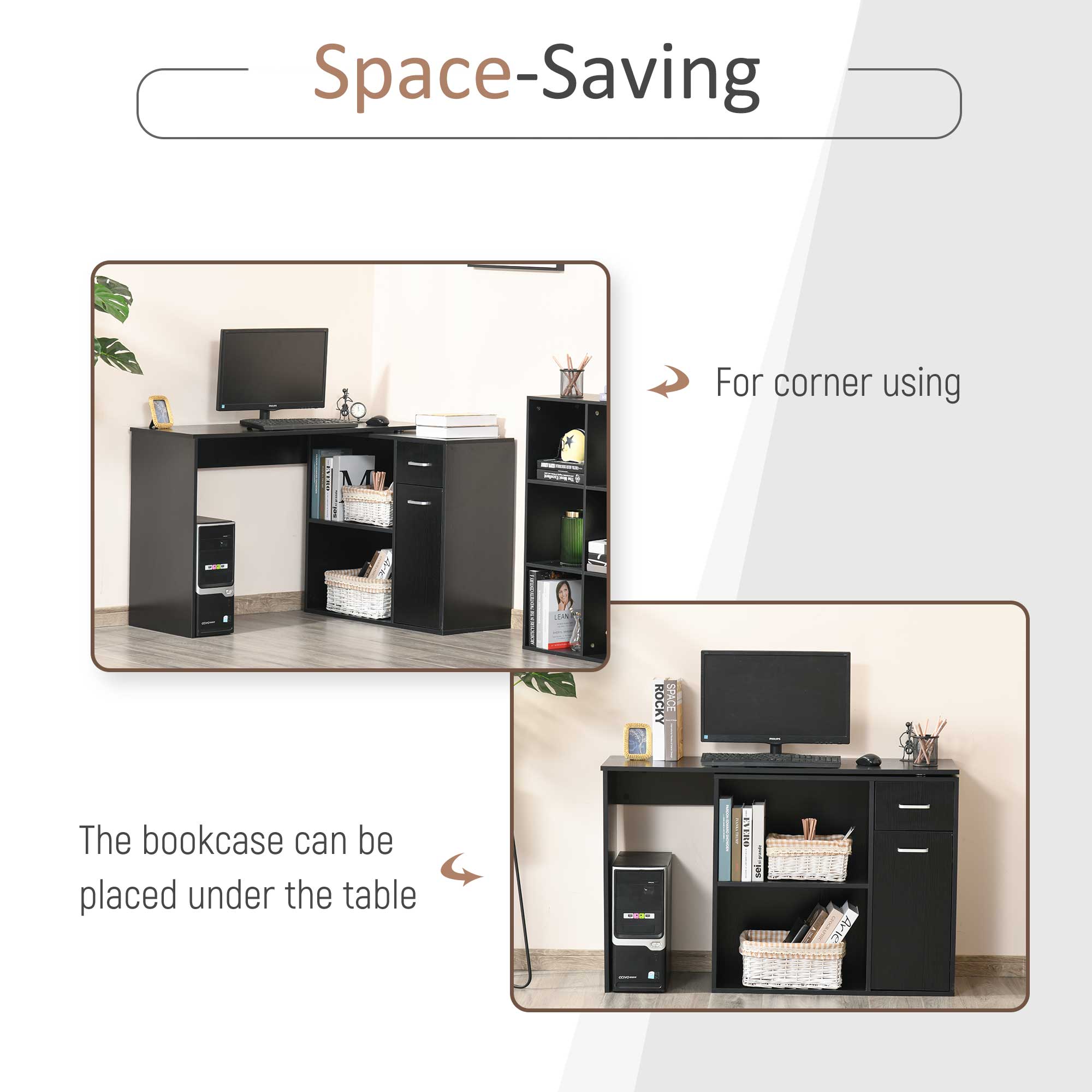 180° Rotating L-Shaped Corner Desk with Cabinet - Black-Office Products > Office Furniture > Office Desks & Work Stations > Writing Desks-DECOROLALA