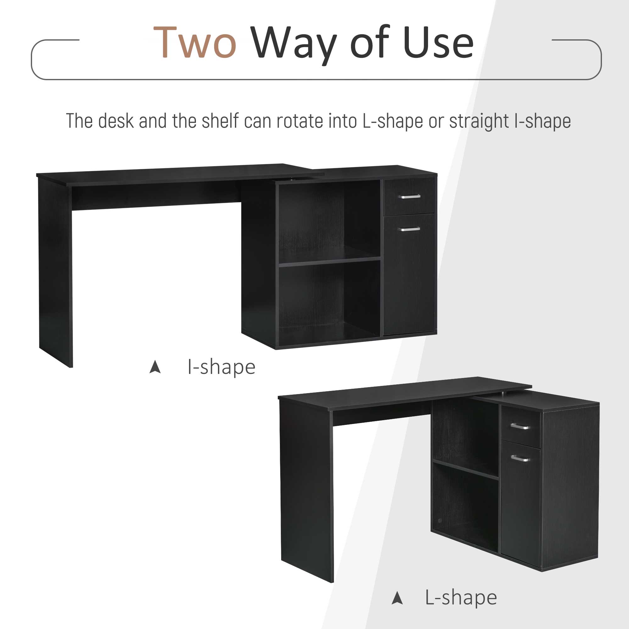 180° Rotating L-Shaped Corner Desk with Cabinet - Black-Office Products > Office Furniture > Office Desks & Work Stations > Writing Desks-DECOROLALA