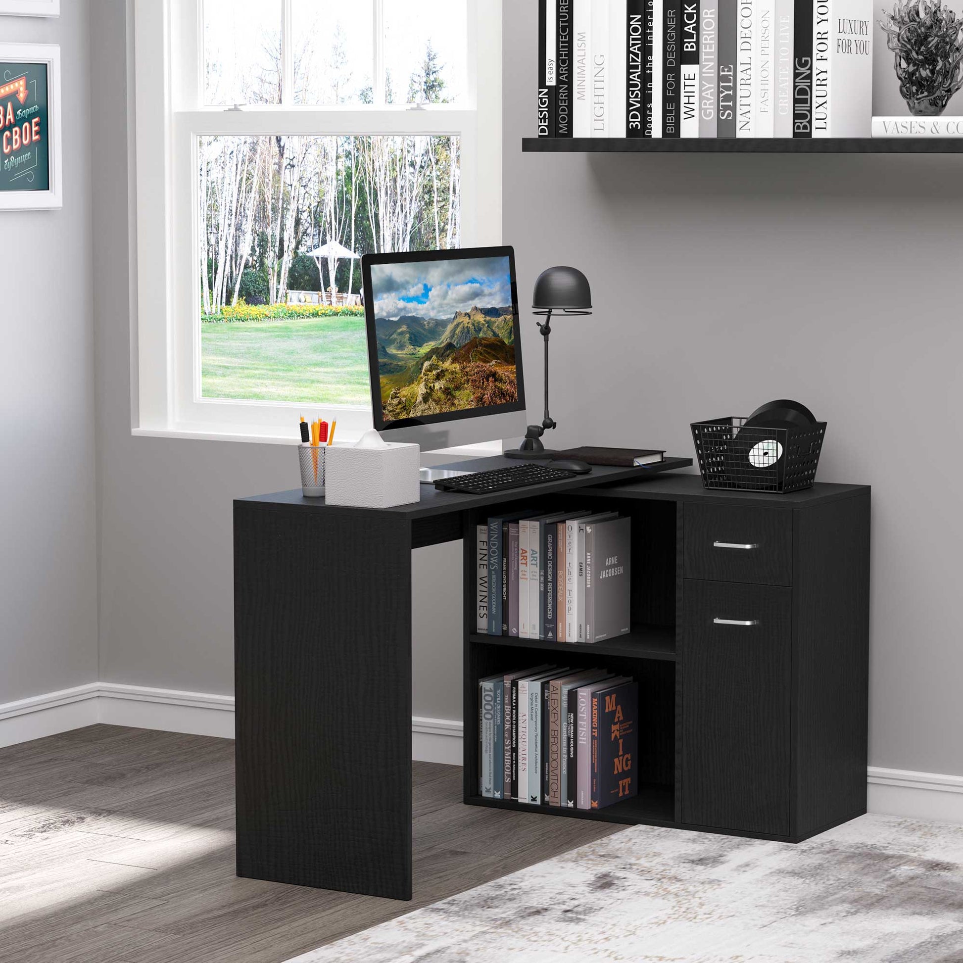 180° Rotating L-Shaped Corner Desk with Cabinet - Black-Office Products > Office Furniture > Office Desks & Work Stations > Writing Desks-DECOROLALA