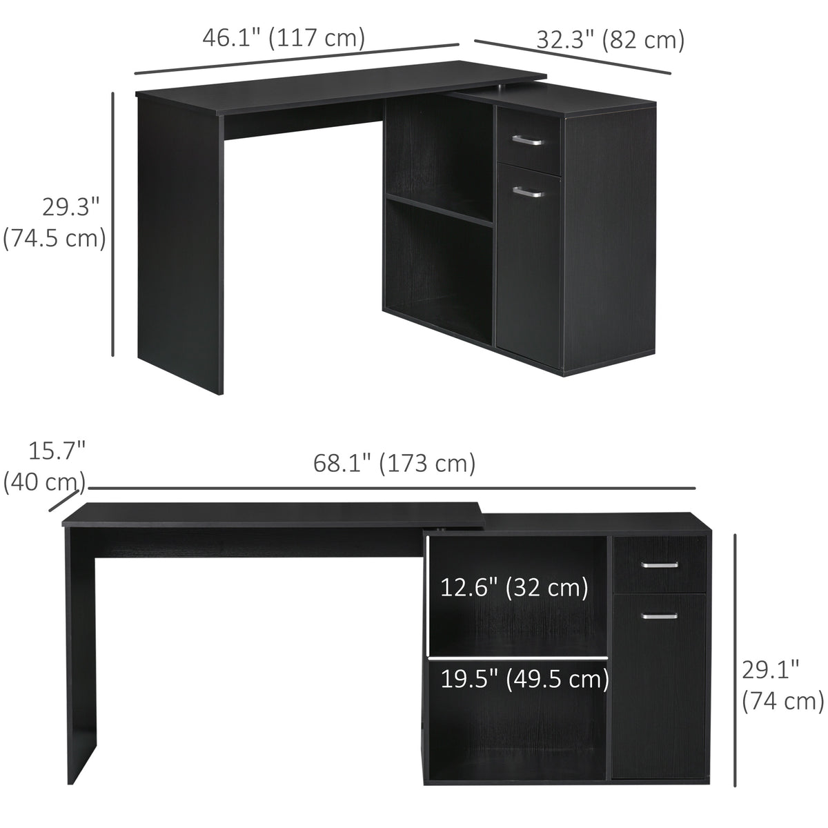 180° Rotating L-Shaped Corner Desk with Cabinet - Black-Writing Desks-DECOROLALA