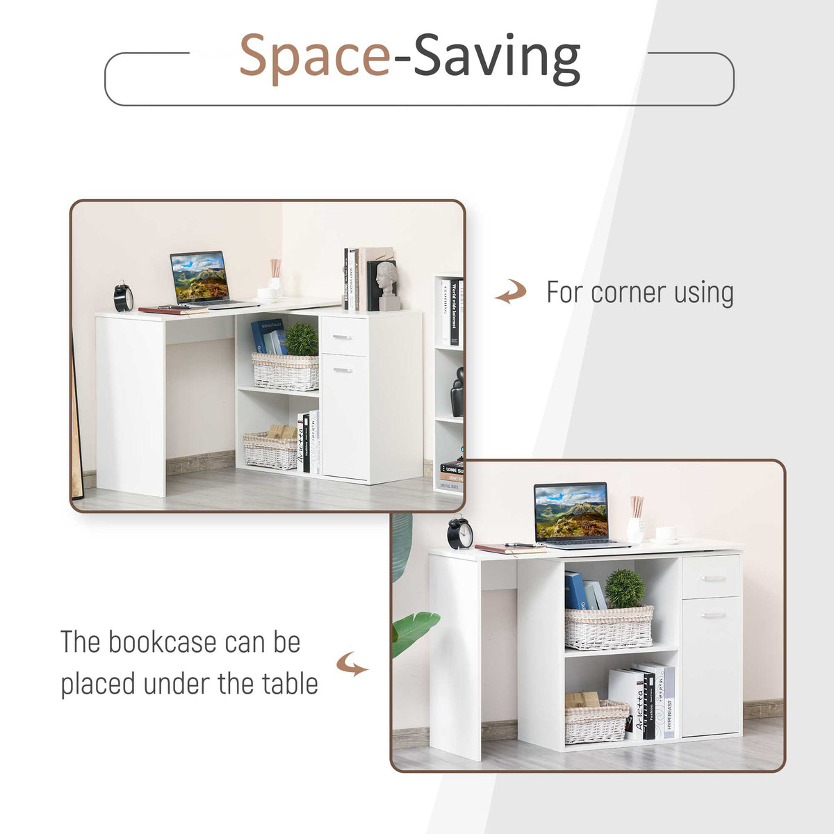 180° Rotating L-Shaped Corner Desk with Cabinet - White-Computer Desks-DECOROLALA