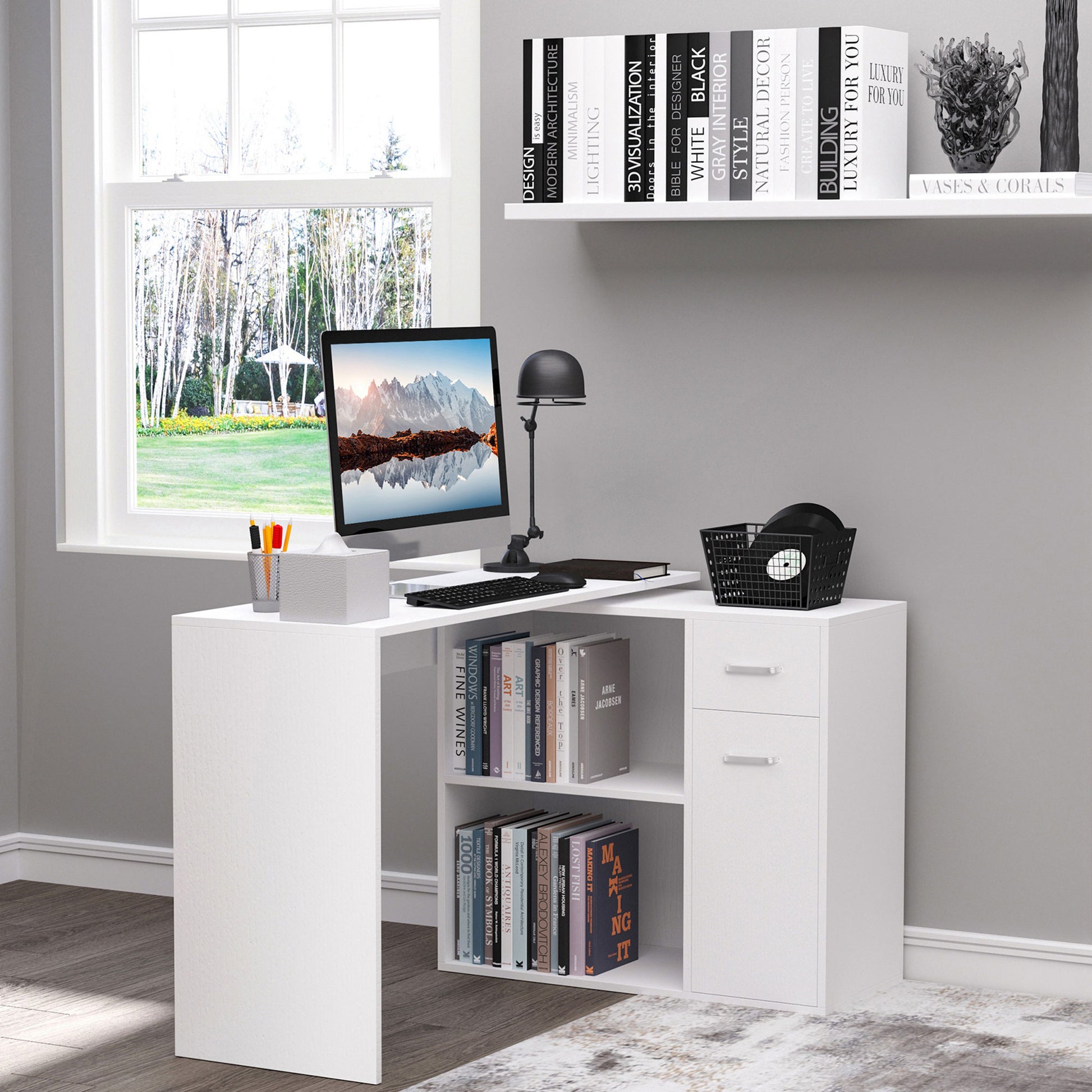 180° Rotating L-Shaped Corner Desk with Cabinet - White-Office Products > Office Furniture > Office Desks & Work Stations > Computer Desks-DECOROLALA
