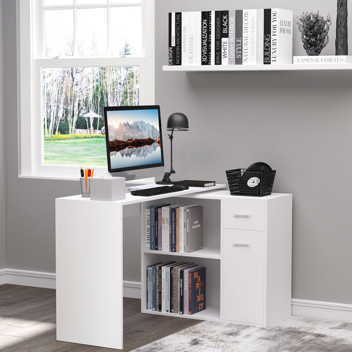 180° Rotating L-Shaped Corner Desk with Cabinet - White-Office Products > Office Furniture > Office Desks & Work Stations > Computer Desks-DECOROLALA