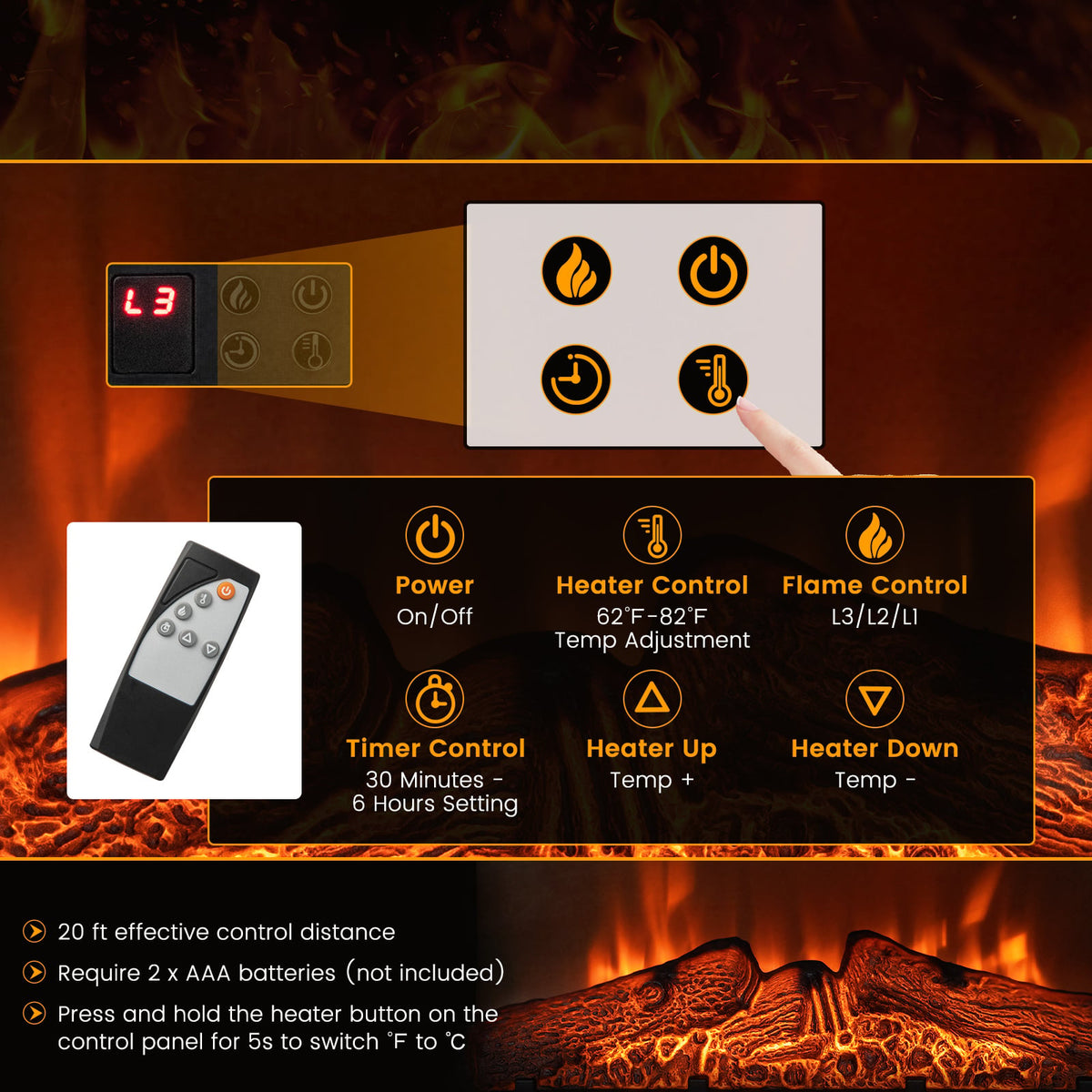 18/23 Inch Electric Fireplace Inserted with Adjustable LED Flame-23 inches-Fireplaces-DECOROLALA