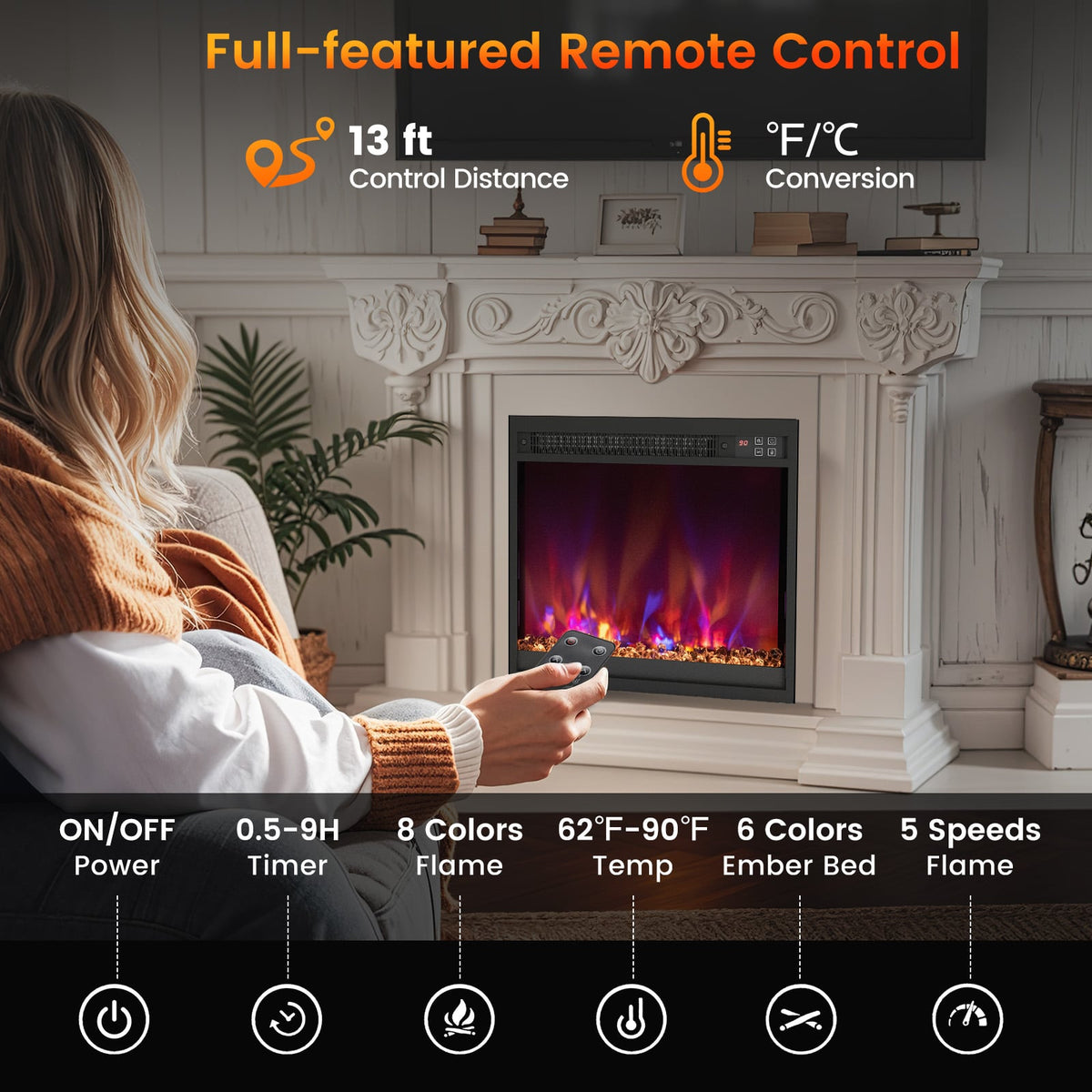 18/23/26 Inch 1500W Electric Fireplace Insert with Remote Control-18 inches-Fireplaces-DECOROLALA