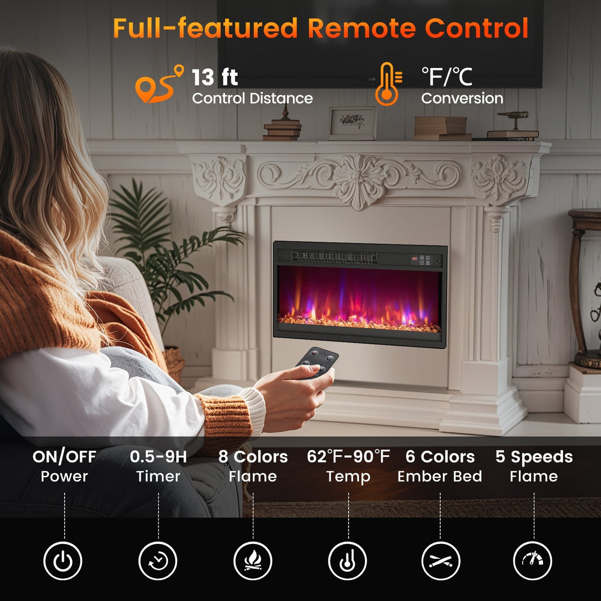 18/23/26 Inch 1500W Electric Fireplace Insert with Remote Control-23 inches-Fireplaces-DECOROLALA