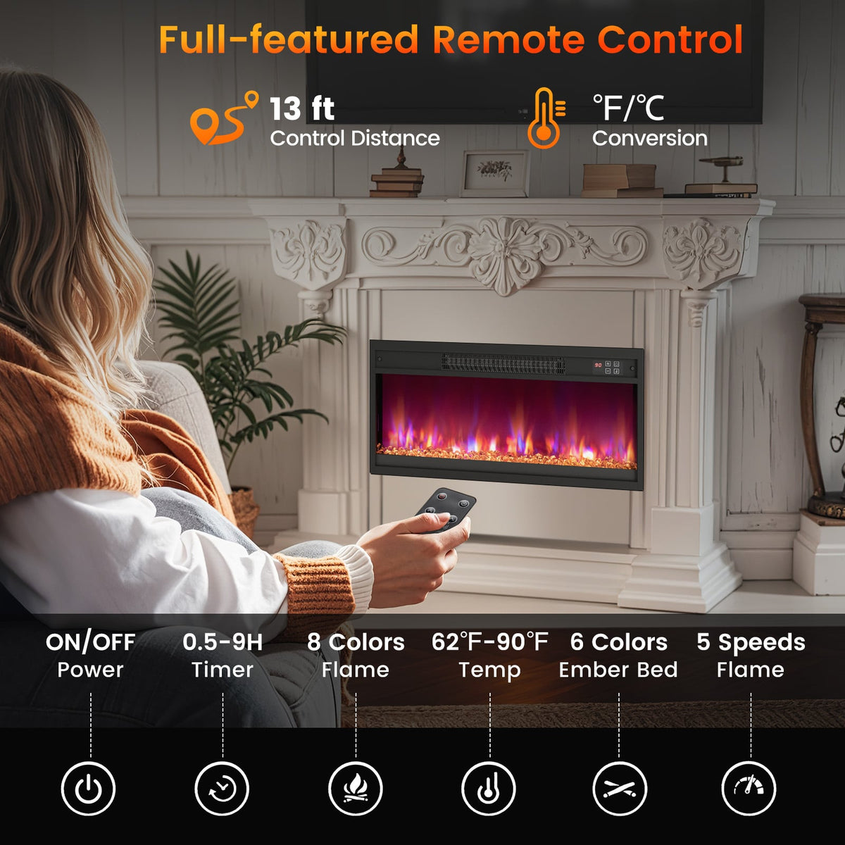 18/23/26 Inch 1500W Electric Fireplace Insert with Remote Control-26 inches-Fireplaces-DECOROLALA