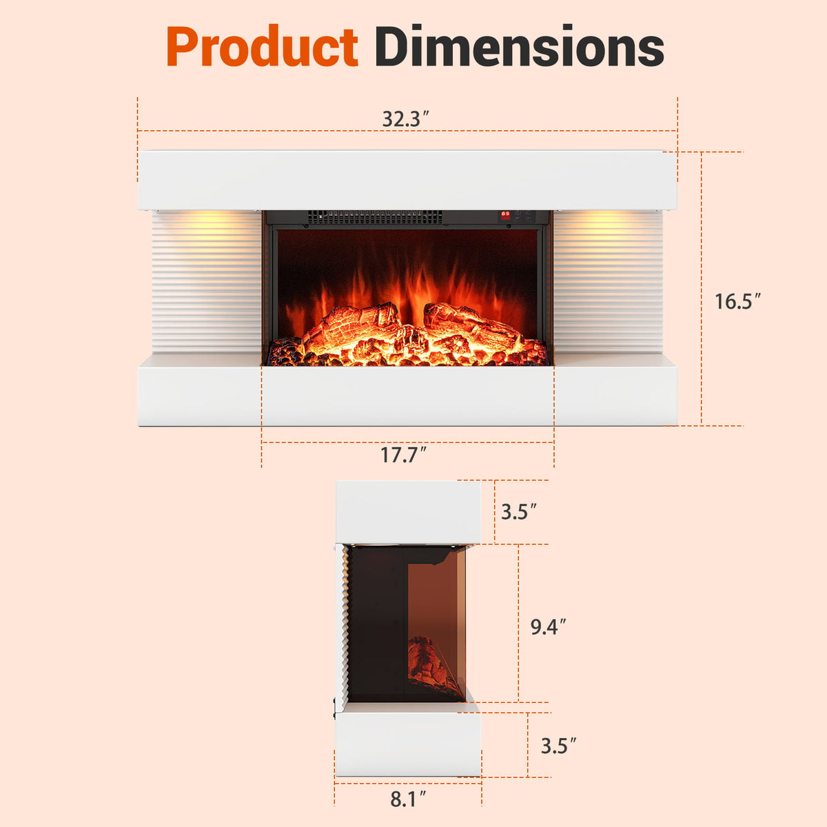 18/36 Inch 3-Sided Wall Mounted Electric Fireplace with 32/50 Inch Wide Floating Mantle-32 Inch-Fireplaces-DECOROLALA