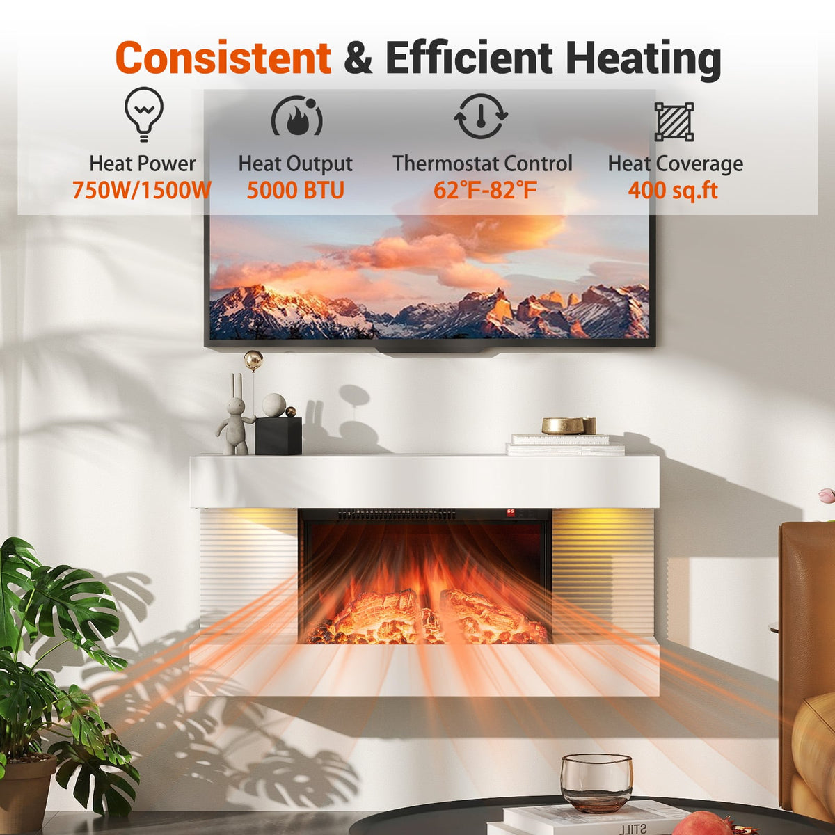 18/36 Inch 3-Sided Wall Mounted Electric Fireplace with 32/50 Inch Wide Floating Mantle-32 Inch-Fireplaces-DECOROLALA