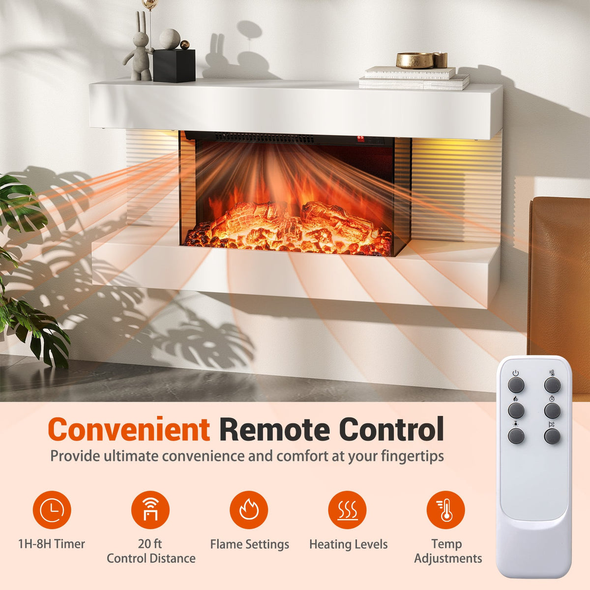 18/36 Inch 3-Sided Wall Mounted Electric Fireplace with 32/50 Inch Wide Floating Mantle-32 Inch-Fireplaces-DECOROLALA