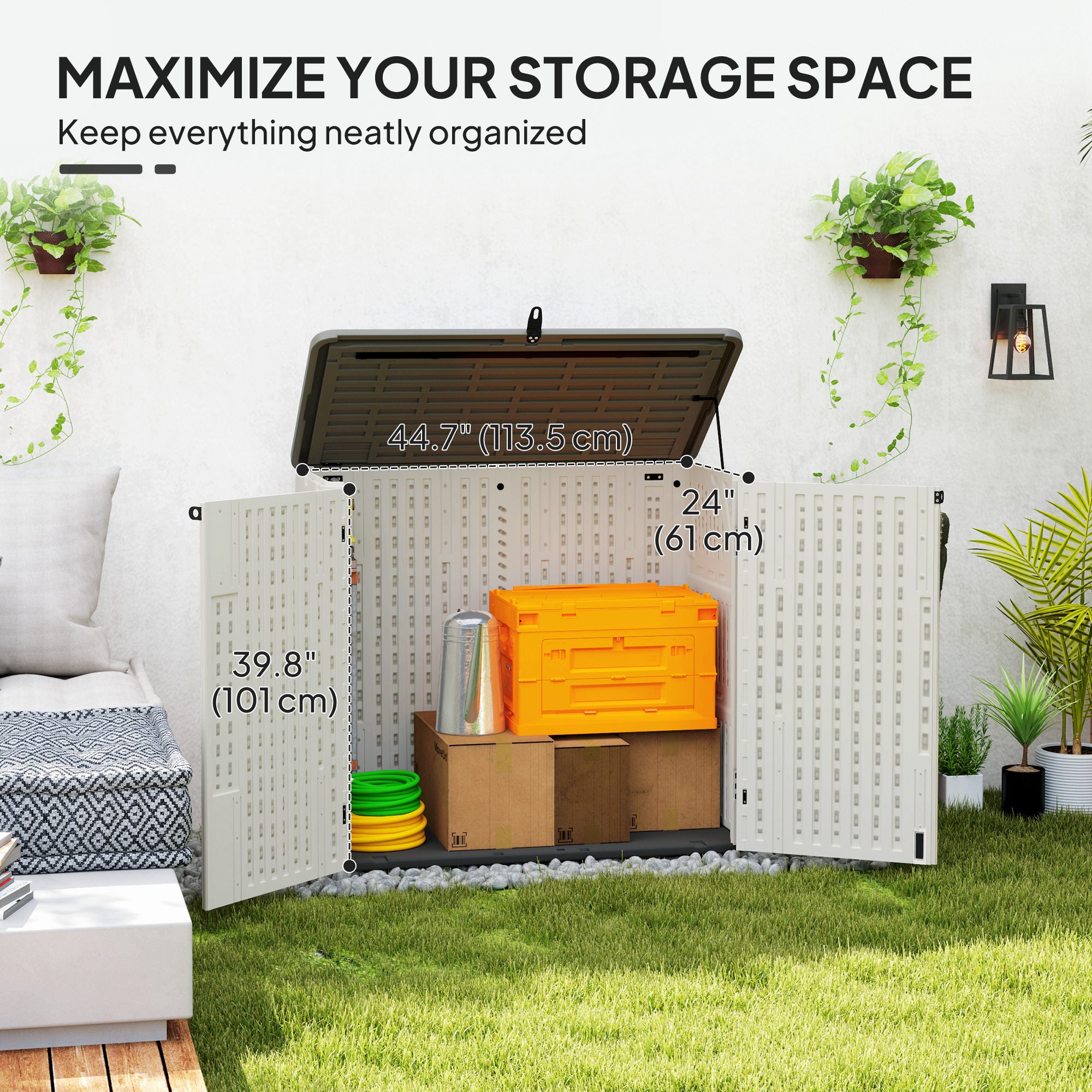 185 Gallon Outdoor Storage Shed - Cream White PP Plastic-Patio & Garden > Lawn & Garden > Sheds > Outdoor Storage Cabinet-DECOROLALA