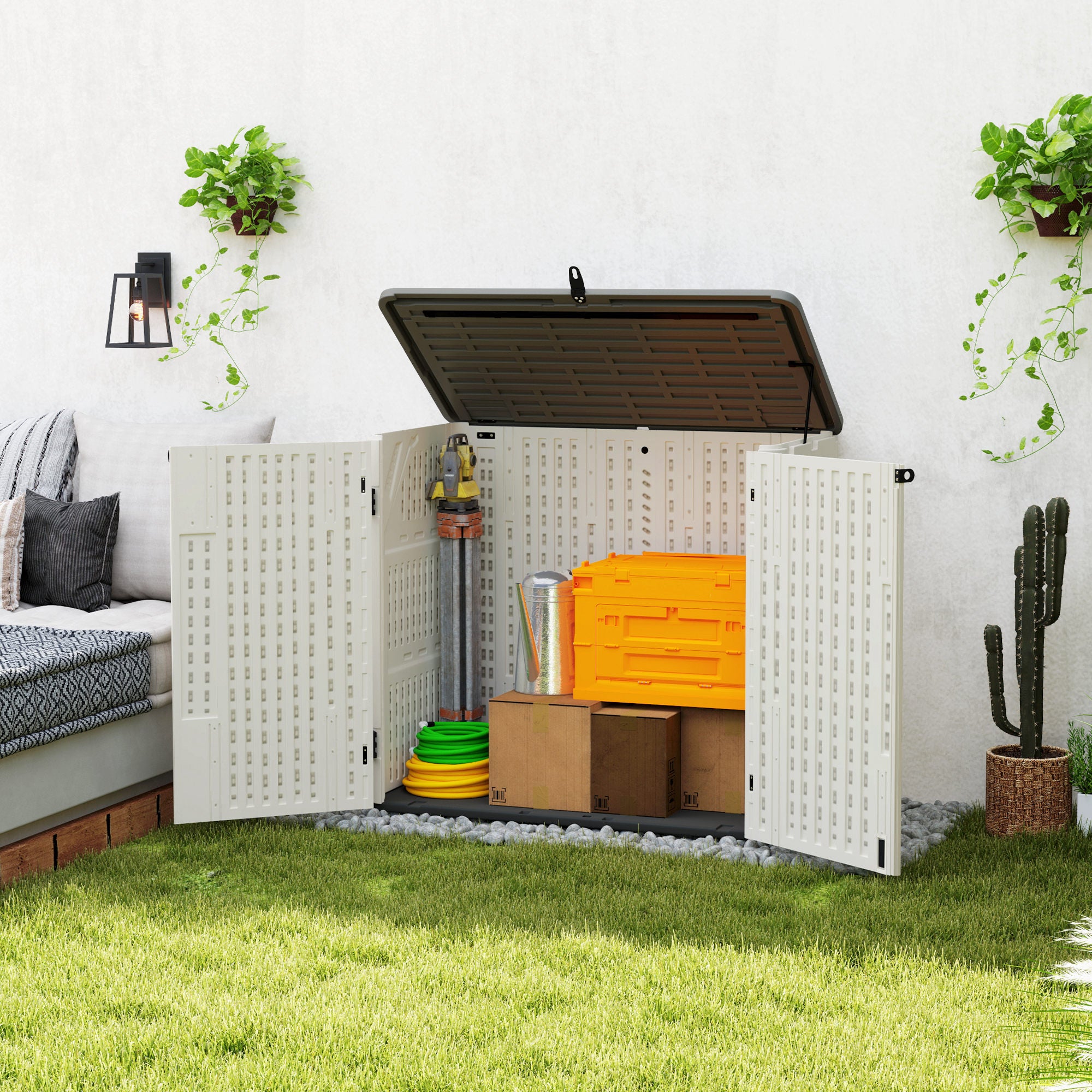185 Gallon Outdoor Storage Shed - Cream White PP Plastic-Patio & Garden > Lawn & Garden > Sheds > Outdoor Storage Cabinet-DECOROLALA