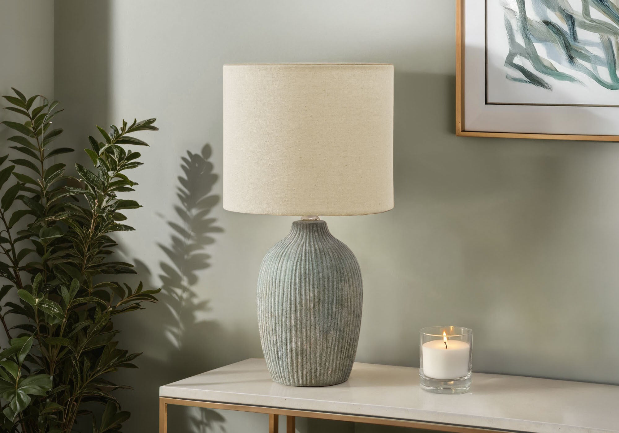18"H Beige Ceramic Table Lamp with Fabric Shade-Lighting-DECOROLALA