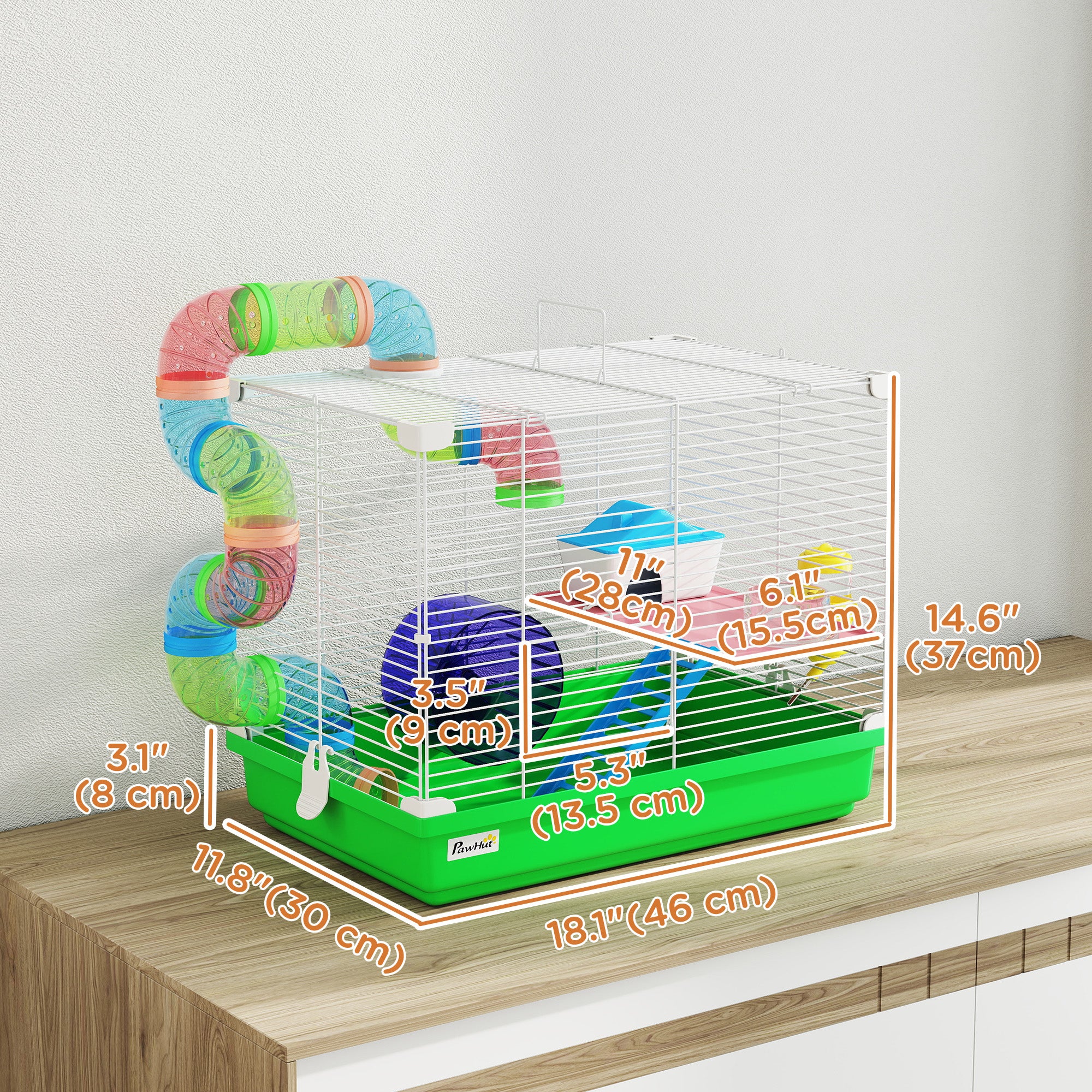 18"L Hamster Cage, Small Animal House, 2-Level Rat Gerbil Haven with Tunnel Tube System, Green-Small Animals-DECOROLALA