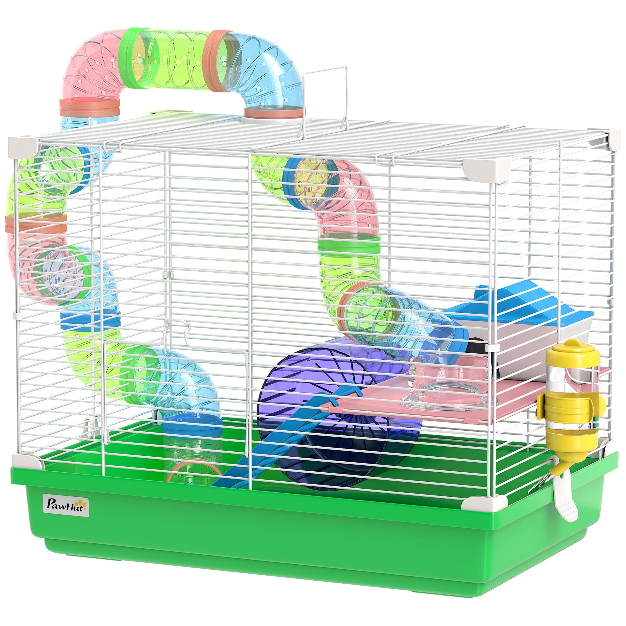 18"L Hamster Cage, Small Animal House, 2-Level Rat Gerbil Haven with Tunnel Tube System, Green-Small Animals-DECOROLALA