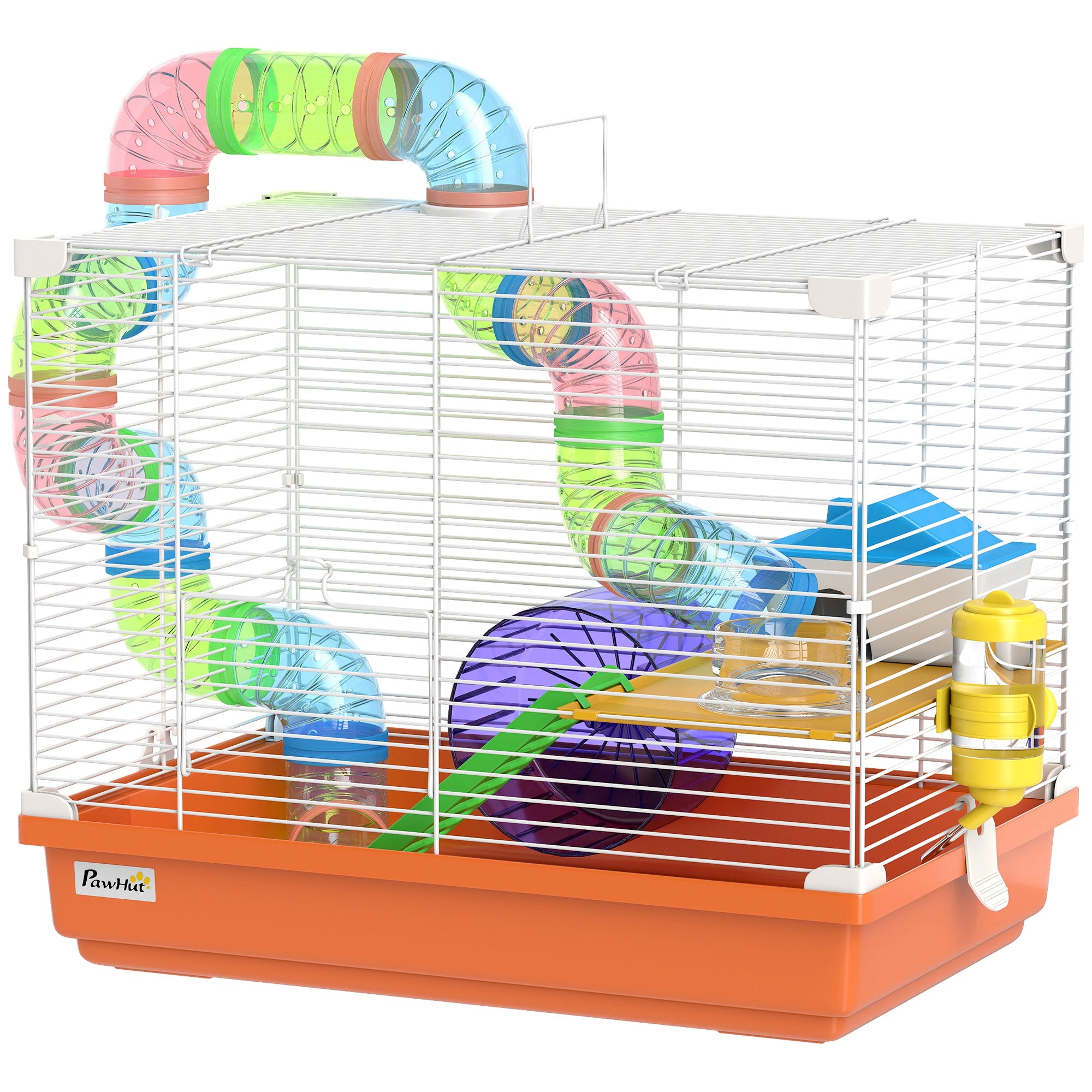 18"L Hamster Cage, Small Animal House, 2-Level Rat Gerbil Haven with Tunnel Tube System, Orange-Small Animals-DECOROLALA