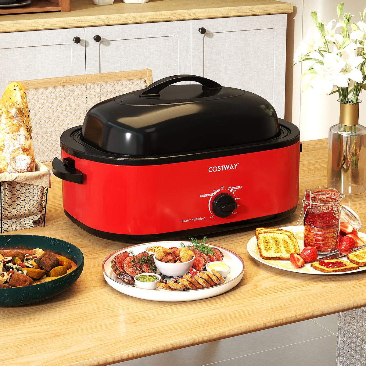 18QT Electric Roaster Oven with Self-Basting Lid Turkey Roaster with Removable Pan-Red-Cookware & Bakeware-DECOROLALA