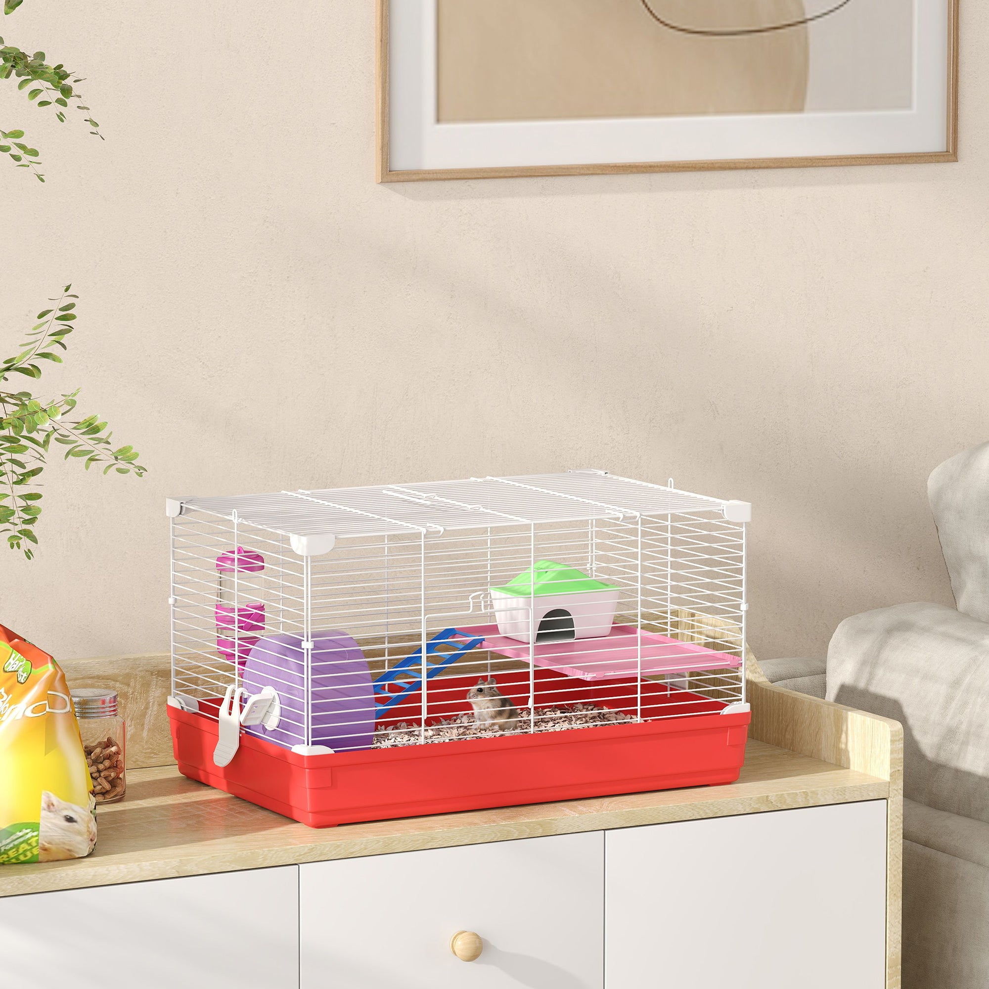 18.5'' 2-Tier Hamster Cage with Exercise Wheel and Water Bottle - Red-Small Animals-DECOROLALA