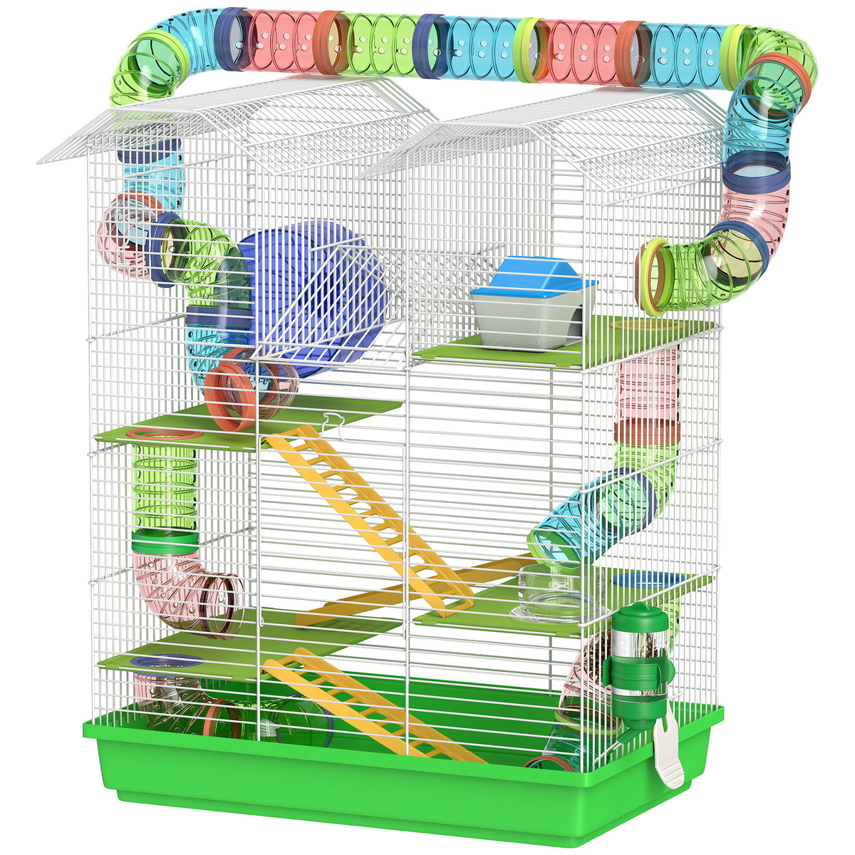 18.5" 5-Tier Hamster Cage with Tunnel & Exercise Wheel - Green-Small Animal Supplies-DECOROLALA