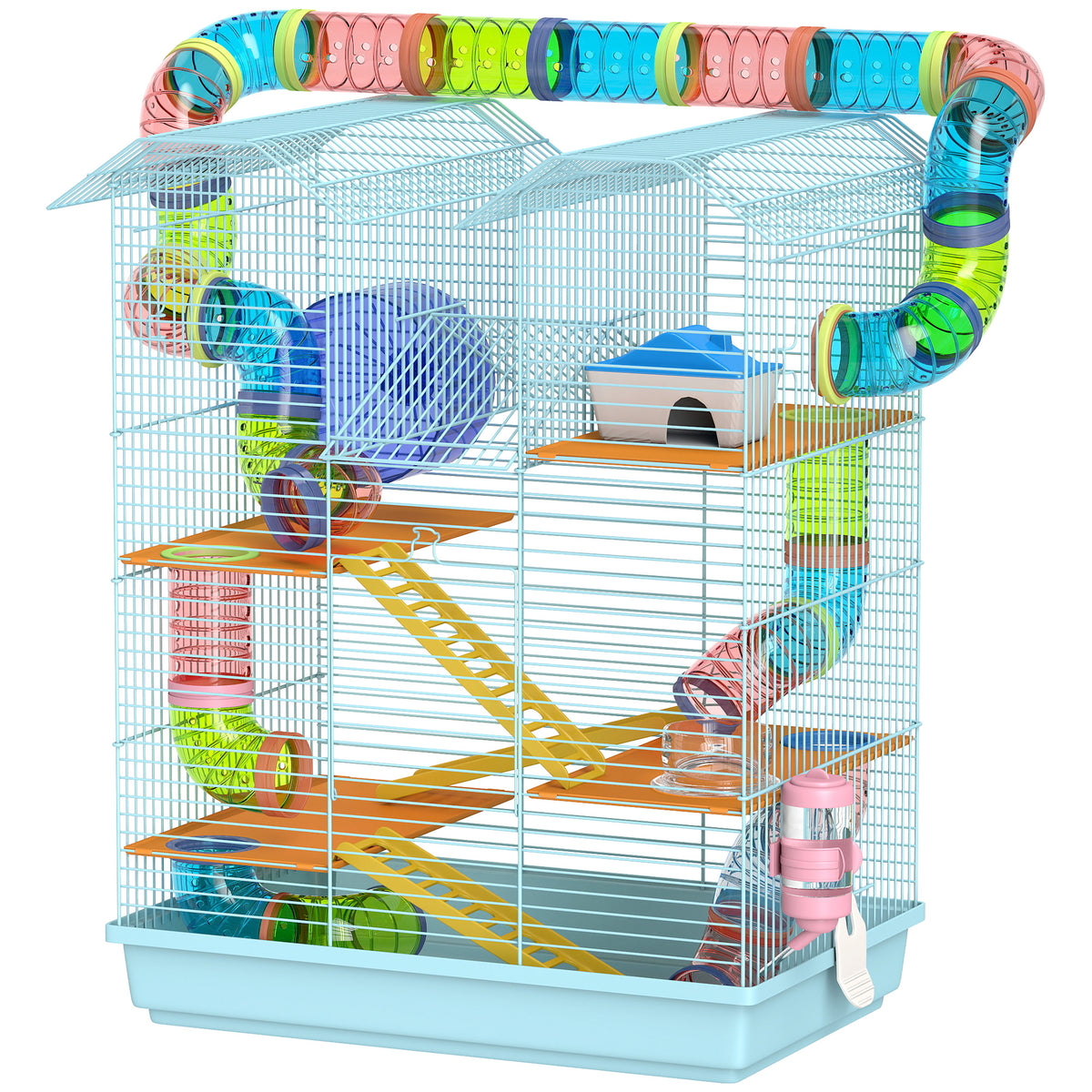 18.5" 5-Tier Hamster Cage with Tunnel & Exercise Wheel - Light Blue-Small Animal Supplies-DECOROLALA