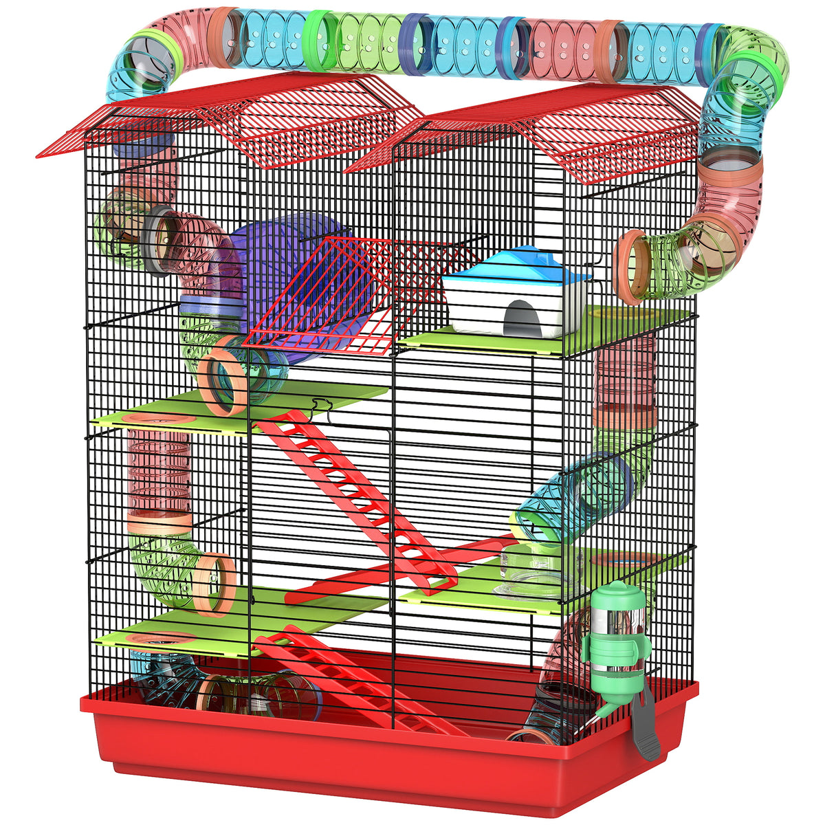 18.5" 5-Tier Hamster Cage with Tunnel Tube System - Red-Small Animals-DECOROLALA