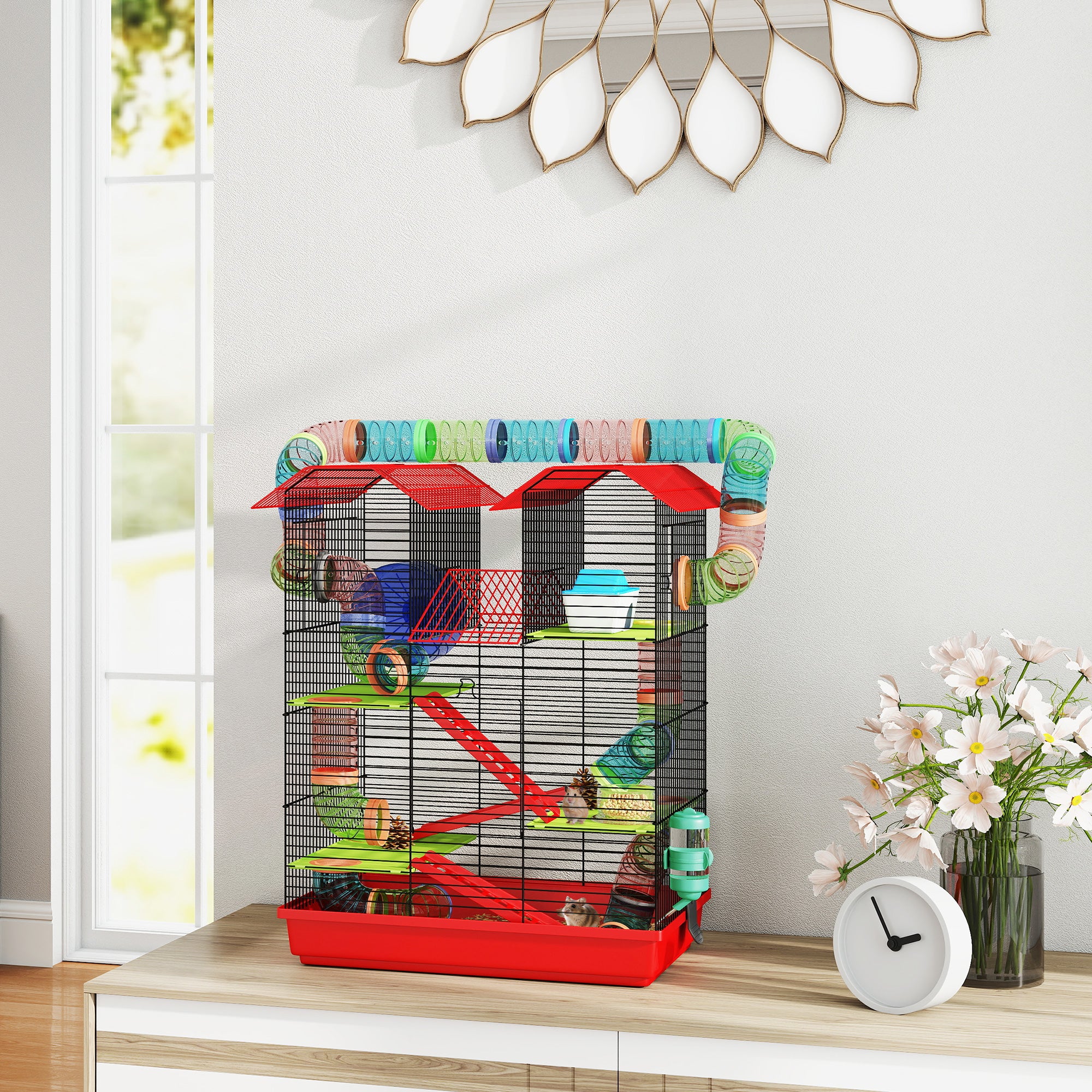 18.5" 5-Tier Hamster Cage with Tunnel Tube System - Red-Small Animals-DECOROLALA