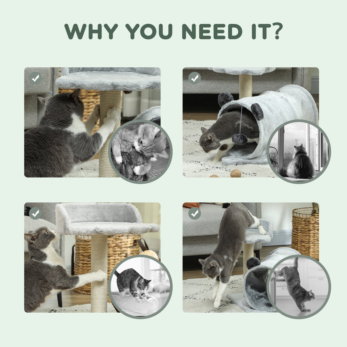 18.5" Compact Cat Tree with Tunnel and Scratching Post - Grey-Cats-DECOROLALA