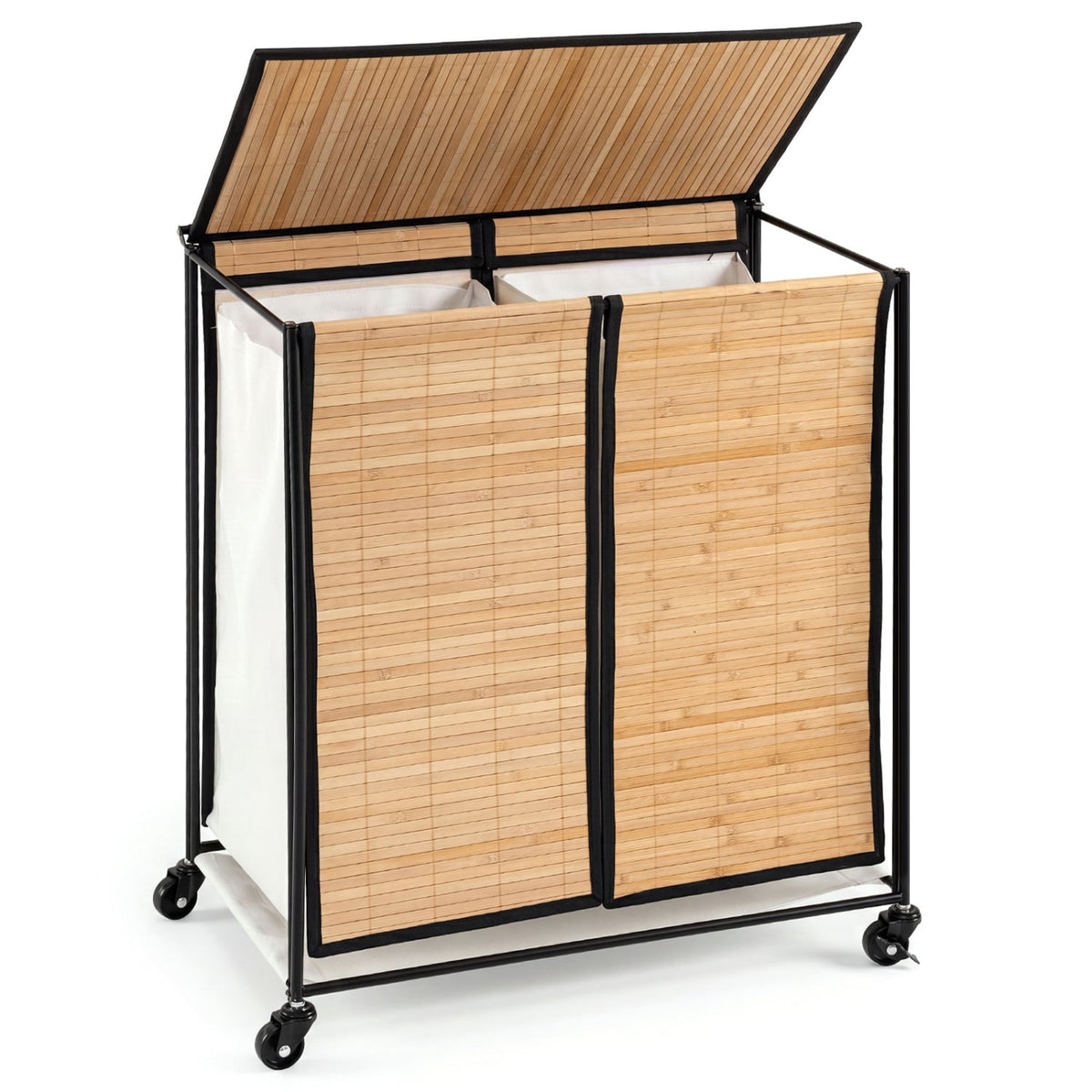 18.5 Gal Laundry hamper with Lid 2-Section with 2 Lockable Wheels-Natural-Laundry Baskets-DECOROLALA