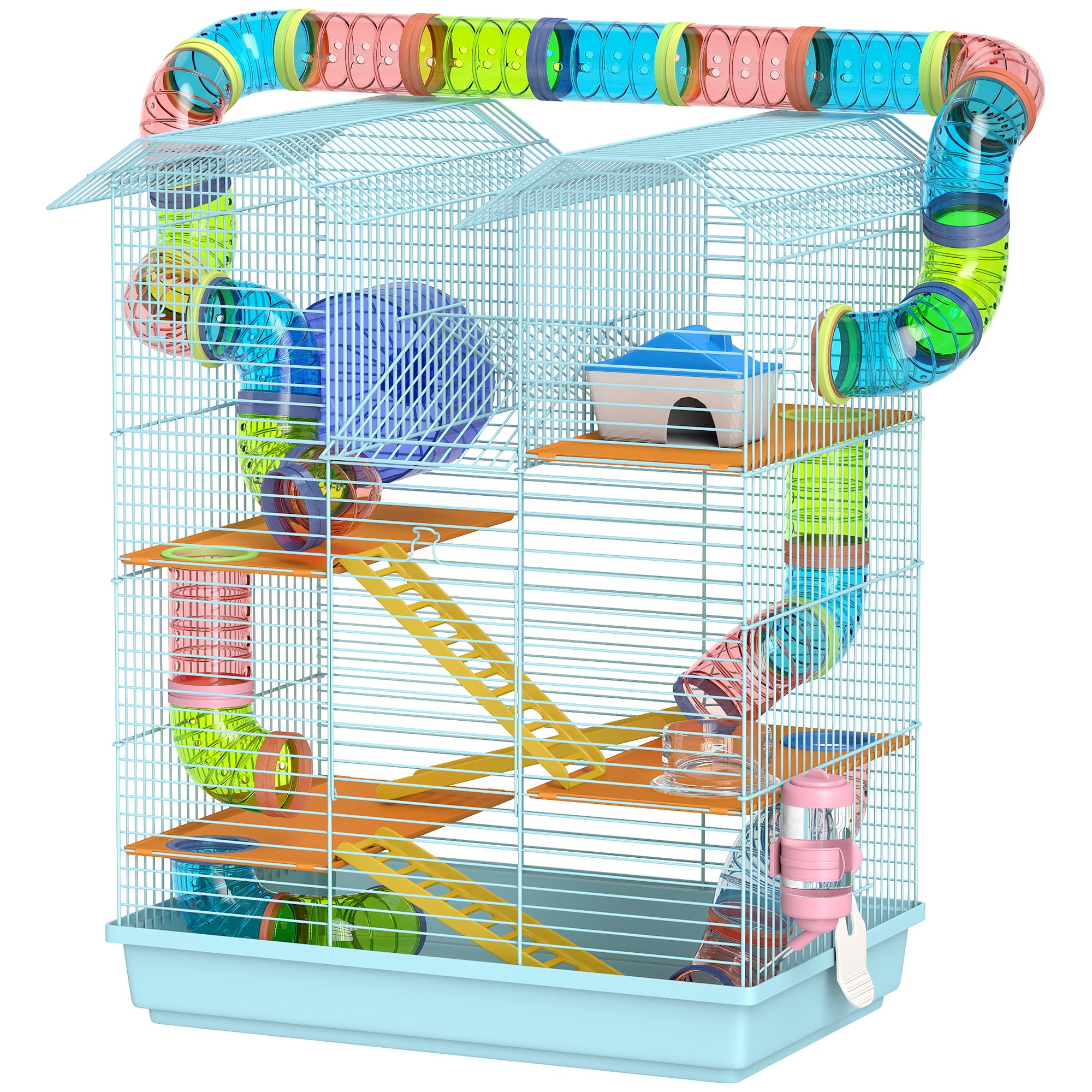 18.5" Hamster Cage, 5 Tiers Small Animal House with Tunnel Tube System, Exercise Wheel, Water Bottle, Light Blue-Small Animals-DECOROLALA