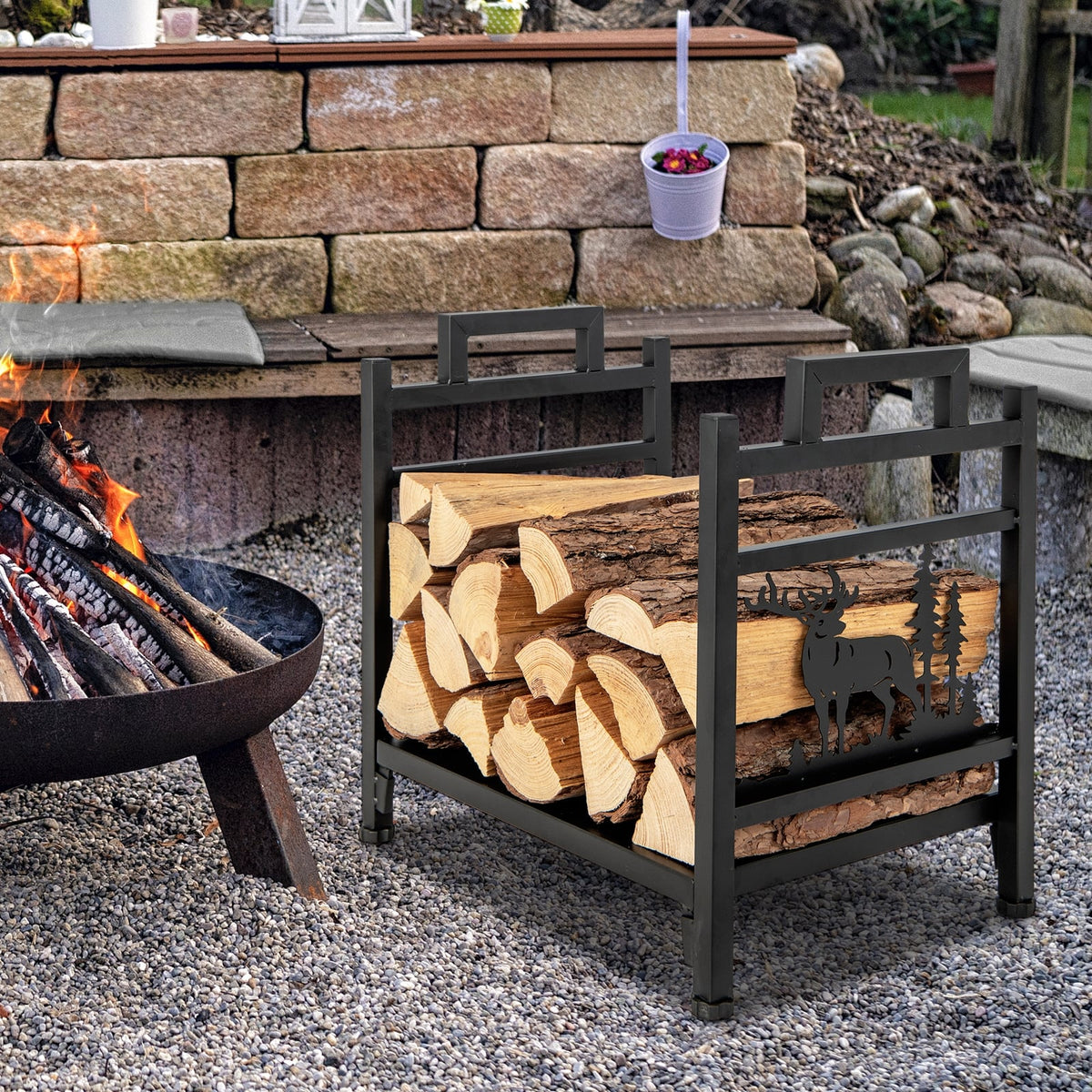 18.5 Inch Metal Firewood Rack with Dual Handles-Log Racks & Carriers-DECOROLALA