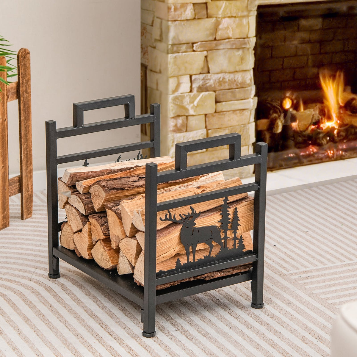 18.5 Inch Metal Firewood Rack with Dual Handles-Log Racks & Carriers-DECOROLALA