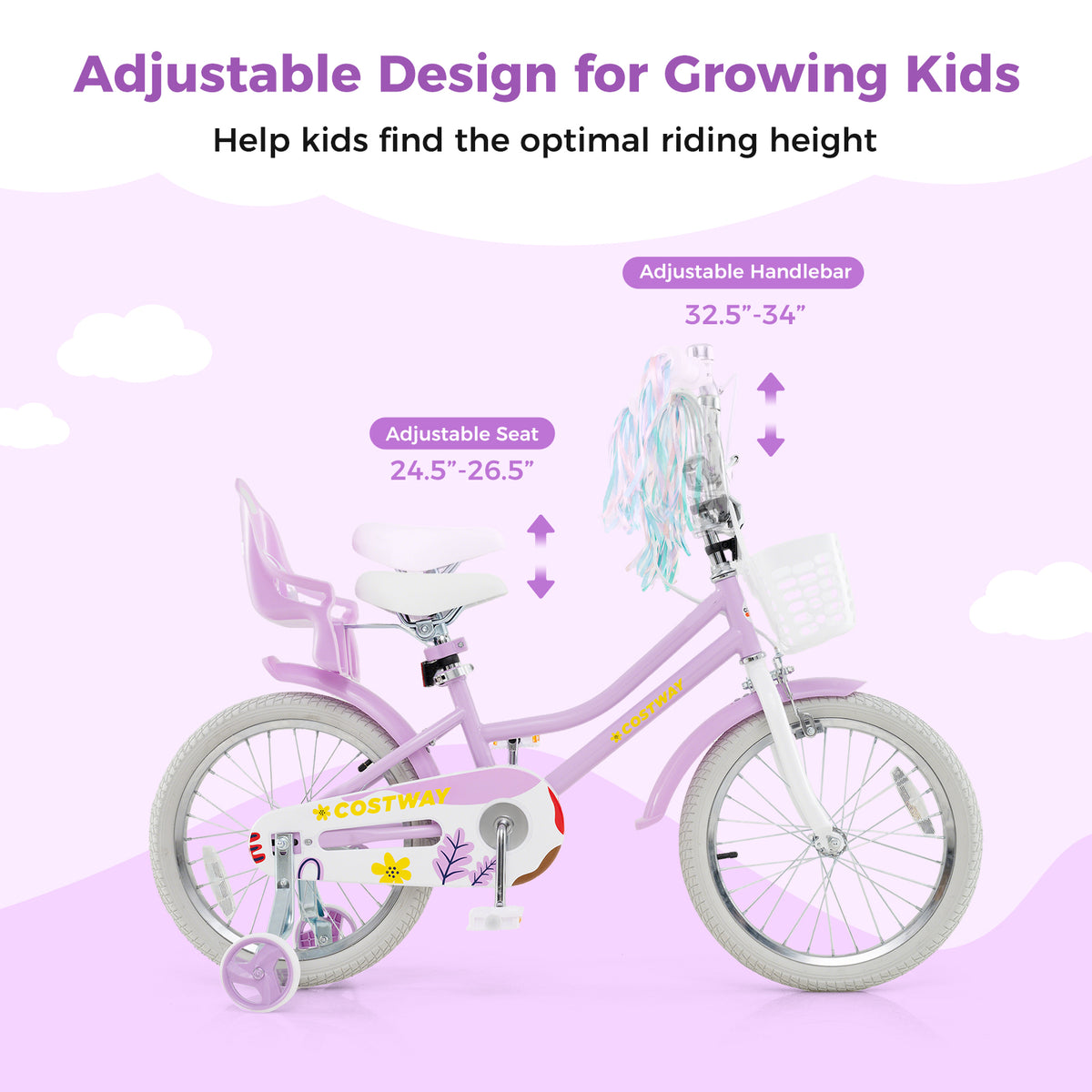 Girls Bike Kids Bicycle with Doll Seat and Streamers for Children 4-7 Years Old