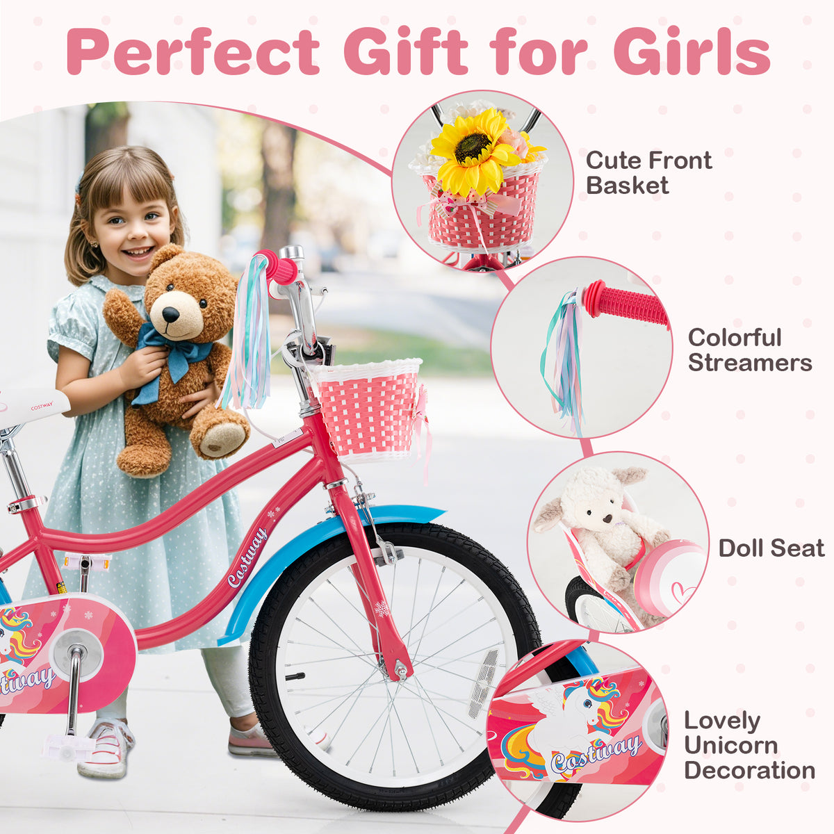 Girls Bike for 3-5 Years Old Kids Bike with Doll Seat and Training Wheels