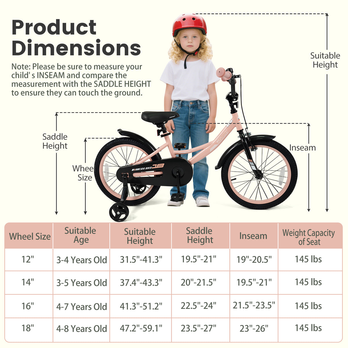 Kids Bike Adjustable with Removable Training Wheels for 3-8 Years Old