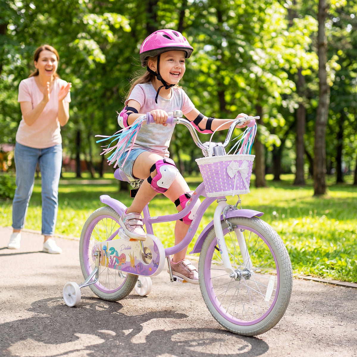 Vélo pour enfant réglable avec panier et rubans - Thème Princesse de la mer