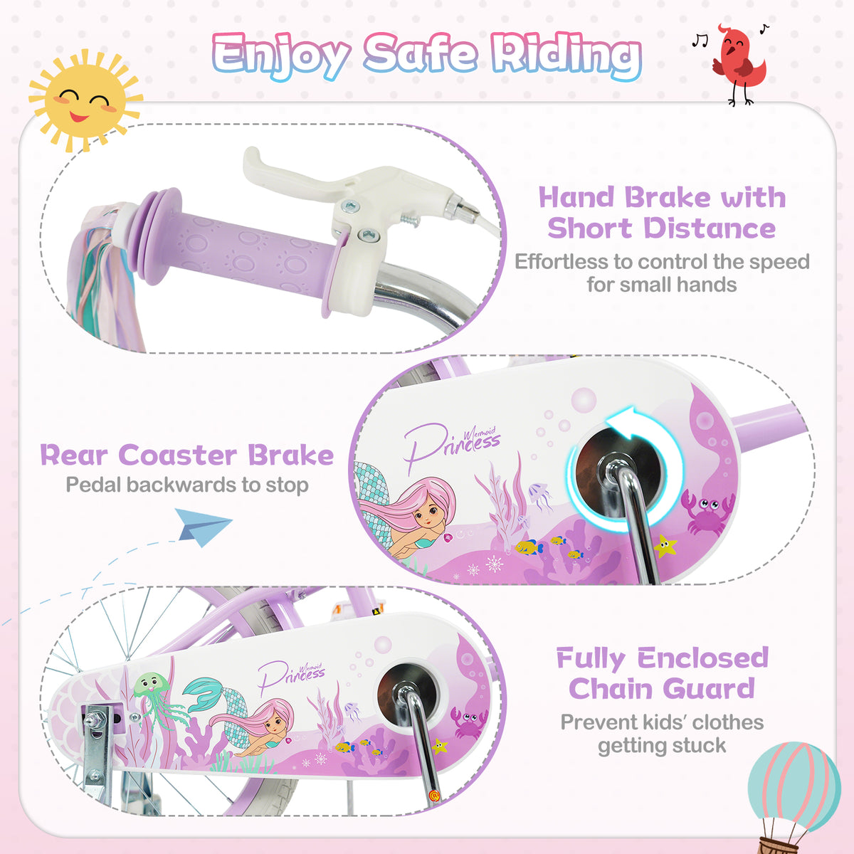Vélo pour enfant réglable avec panier et rubans - Thème Princesse de la mer
