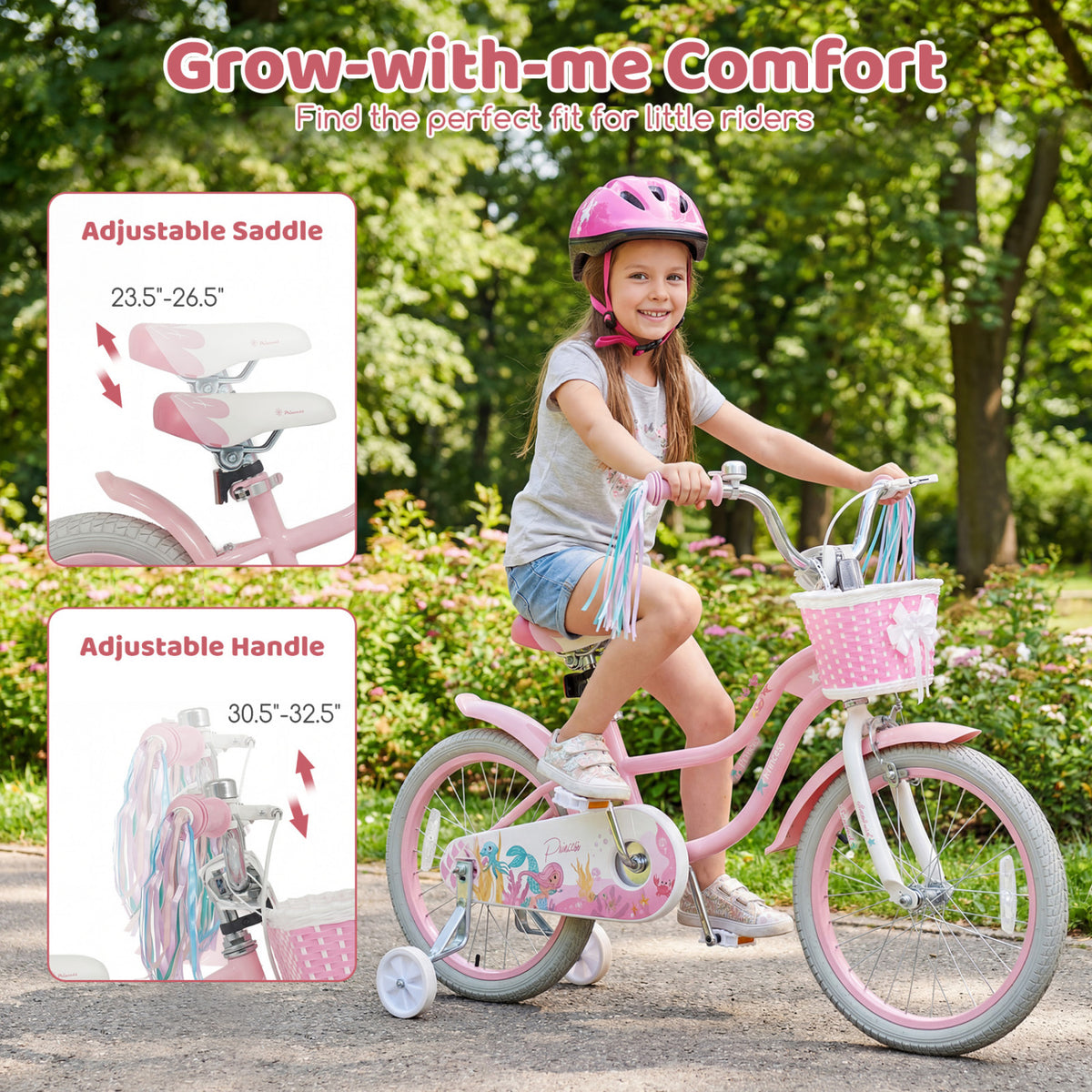 Kids Bike Adjustable with Basket and Streamers for Girls Aged 3-4 Years Old