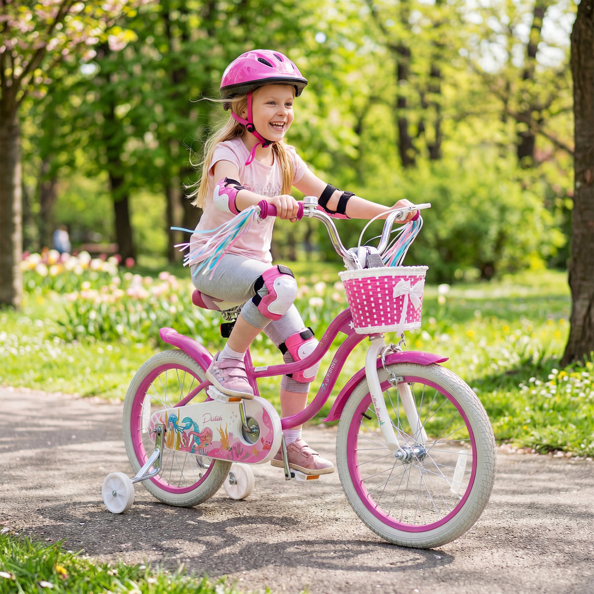 Kids Bike Adjustable with Basket and Streamers - Princess of the Sea Theme