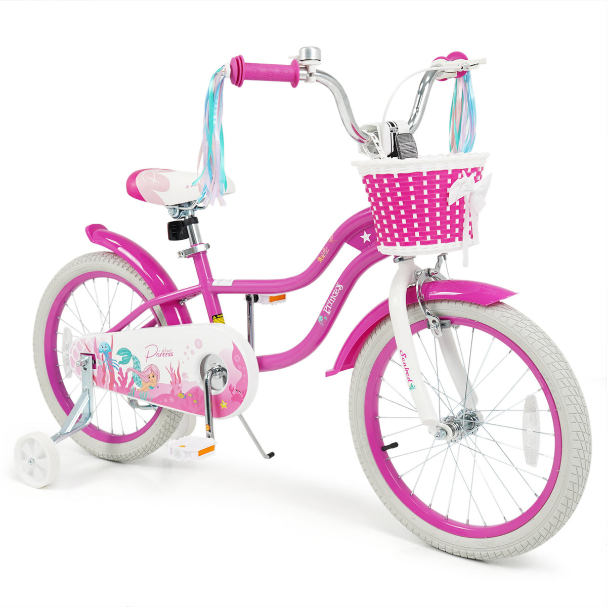 Vélo pour enfant réglable avec panier et rubans - Thème Princesse de la mer