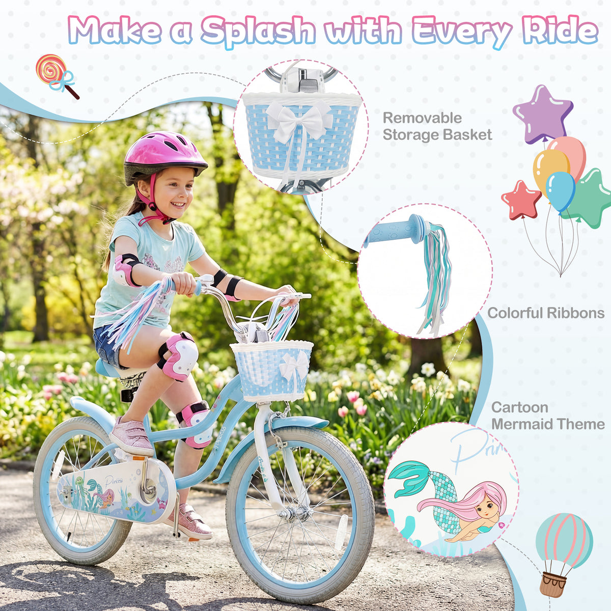 Vélo pour enfants réglable avec panier et serpentins pour enfants de 3 à 5 ans - Thème Princesse de la mer